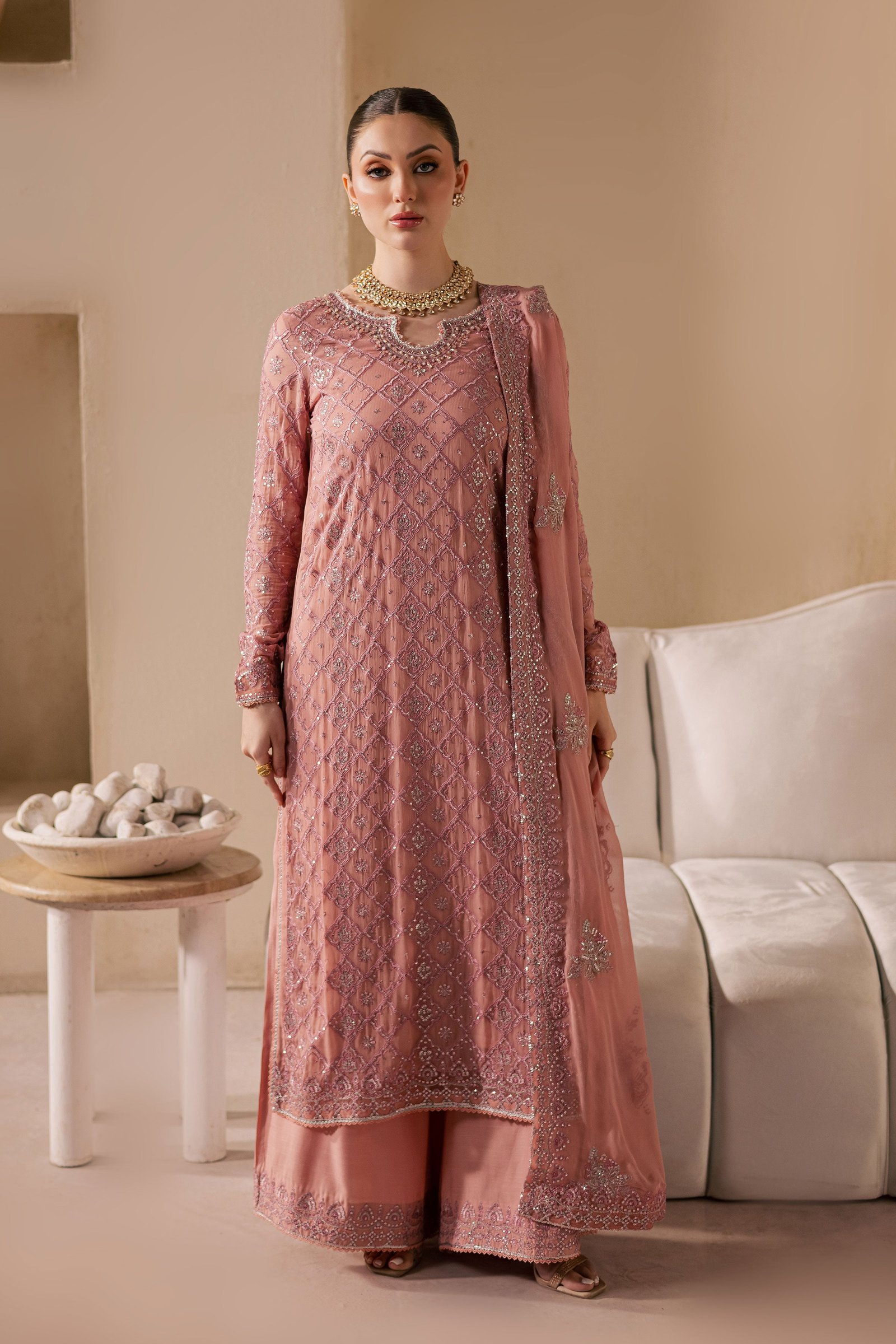 Almas 3Pc - Embroidered Luxe Pret BATIKLuxePRET2025 BATIK XS / Tea Pink / Chiffon & Raw Silk-S / Tea Pink / Chiffon & Raw Silk-M / Tea Pink / Chiffon & Raw Silk-L / Tea Pink / Chiffon & Raw Silk-XL / Tea Pink / Chiffon & Raw Silk