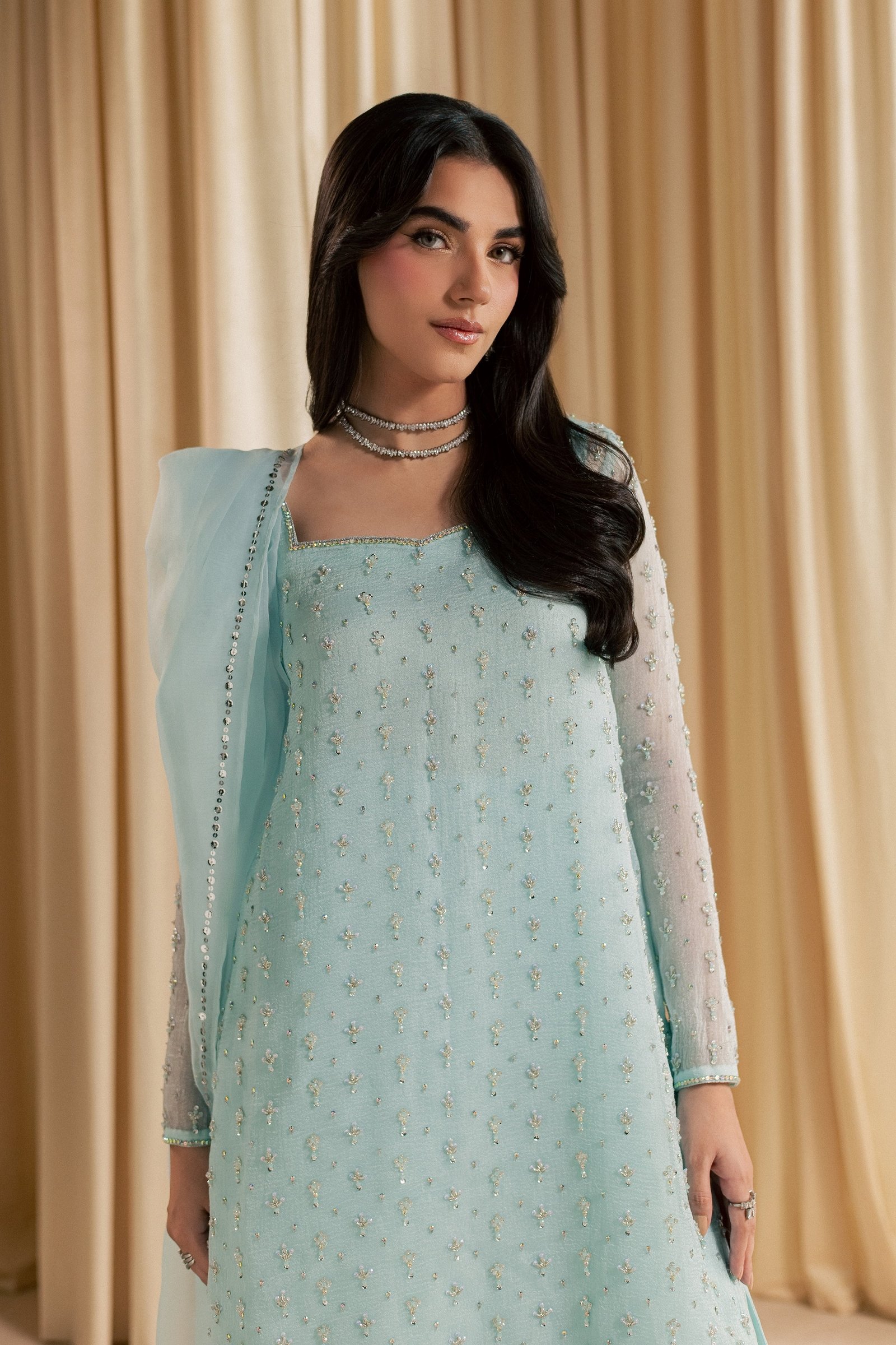 Brina 3Pc - Festive Luxe Pret STUDIOLUXEAUG26 BATIK S / Ice Blue / Shimmer Silk Organza