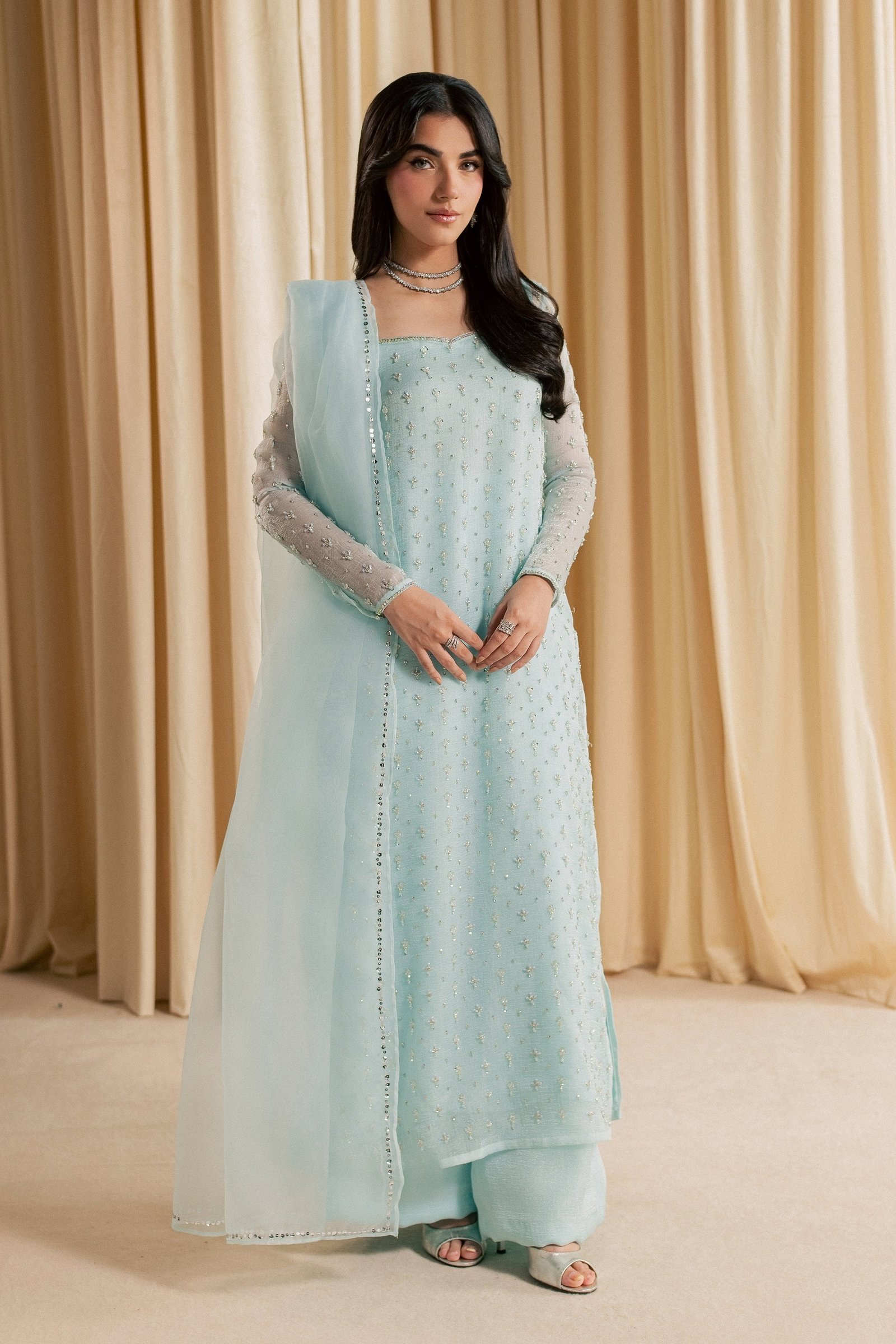Brina 3Pc - Festive Luxe Pret STUDIOLUXEAUG26 BATIK S / Ice Blue / Shimmer Silk Organza