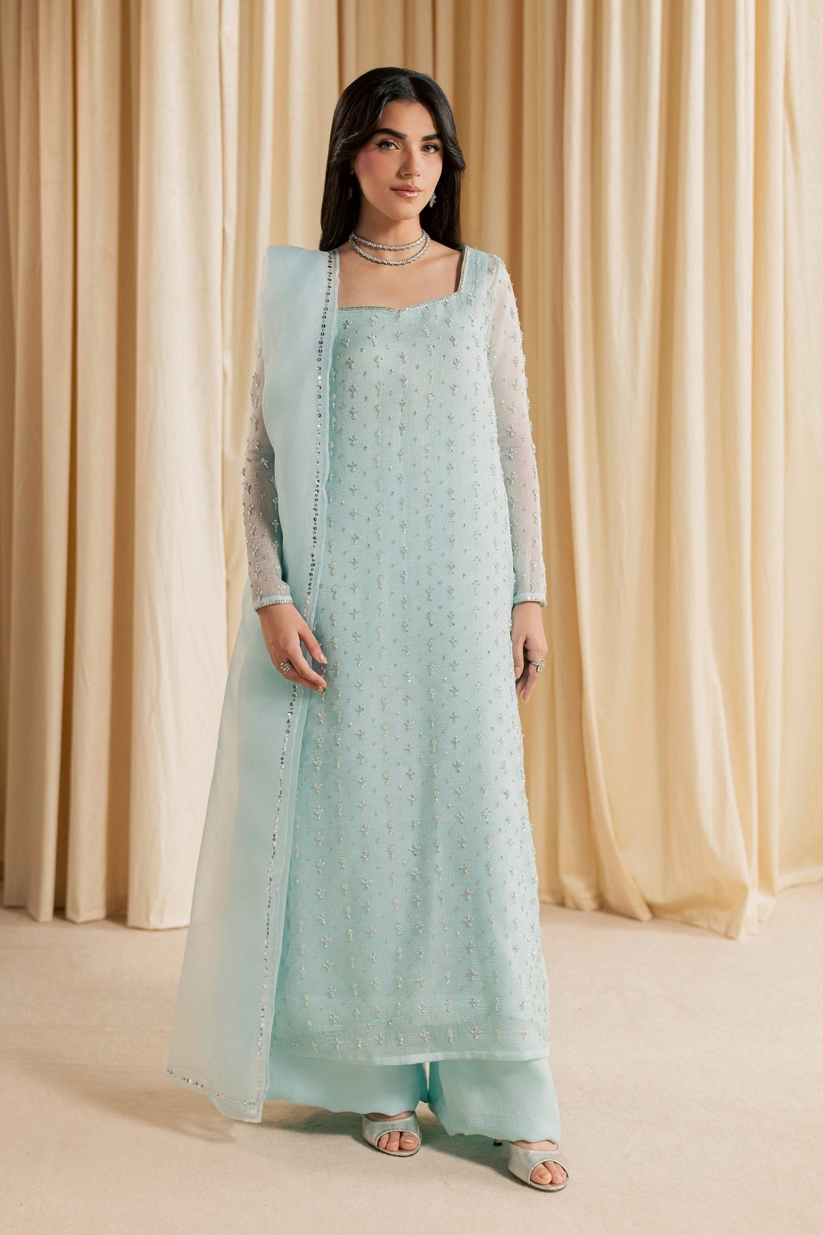 Brina 3Pc - Festive Luxe Pret STUDIOLUXEAUG26 BATIK S / Ice Blue / Shimmer Silk Organza