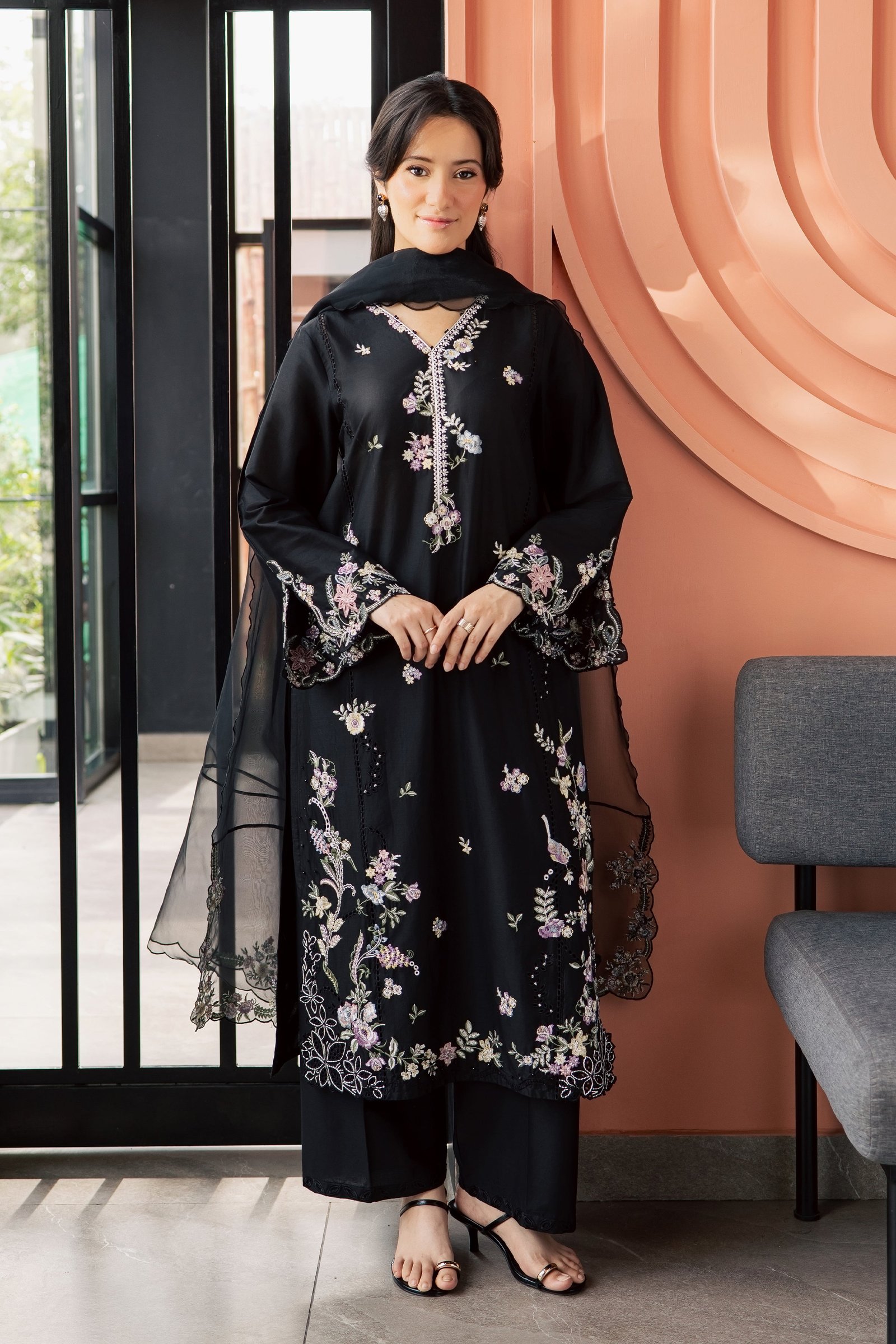 Caviar 3Pc - Embroidered Lawn Dress EverydayEdit26  BATIK   XS / Black / Pima Lawn