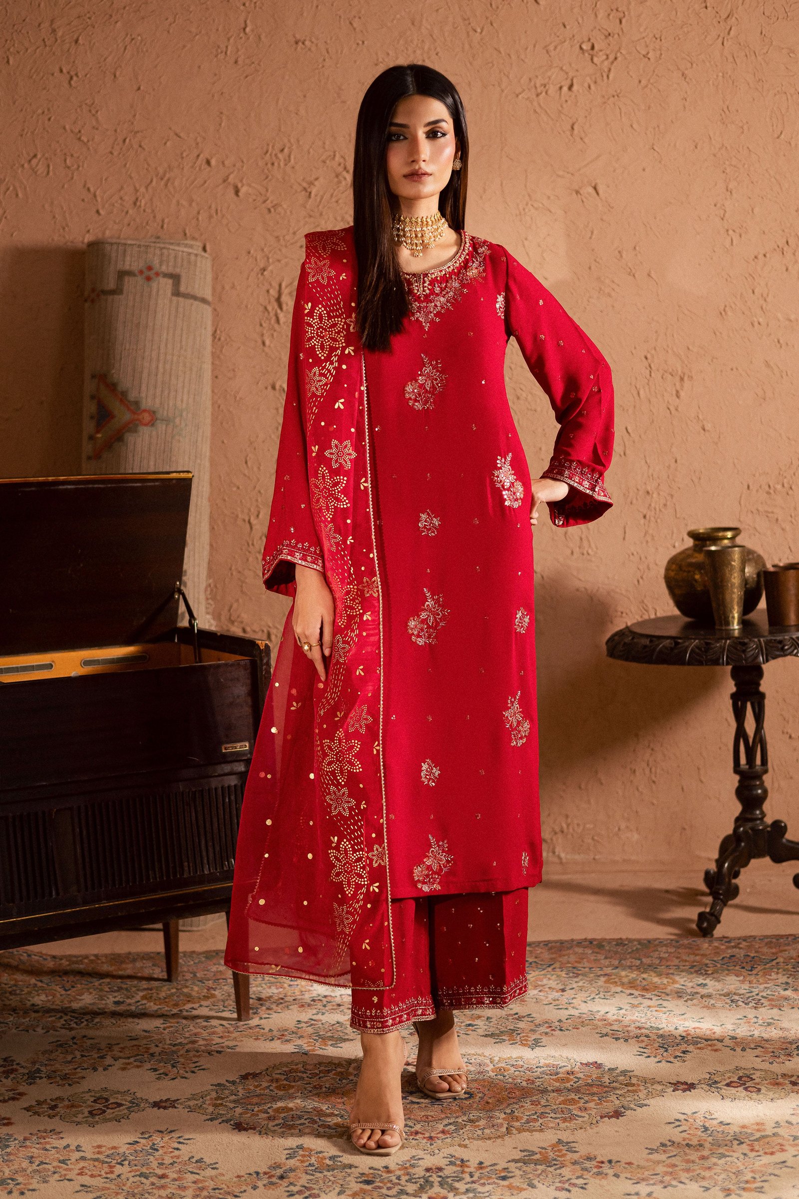 Corly 3Pc- Festive Luxe Pret BATIKSTUDIO2025 BATIK S / Red / Georgette-M / Red / Georgette-L / Red / Georgette