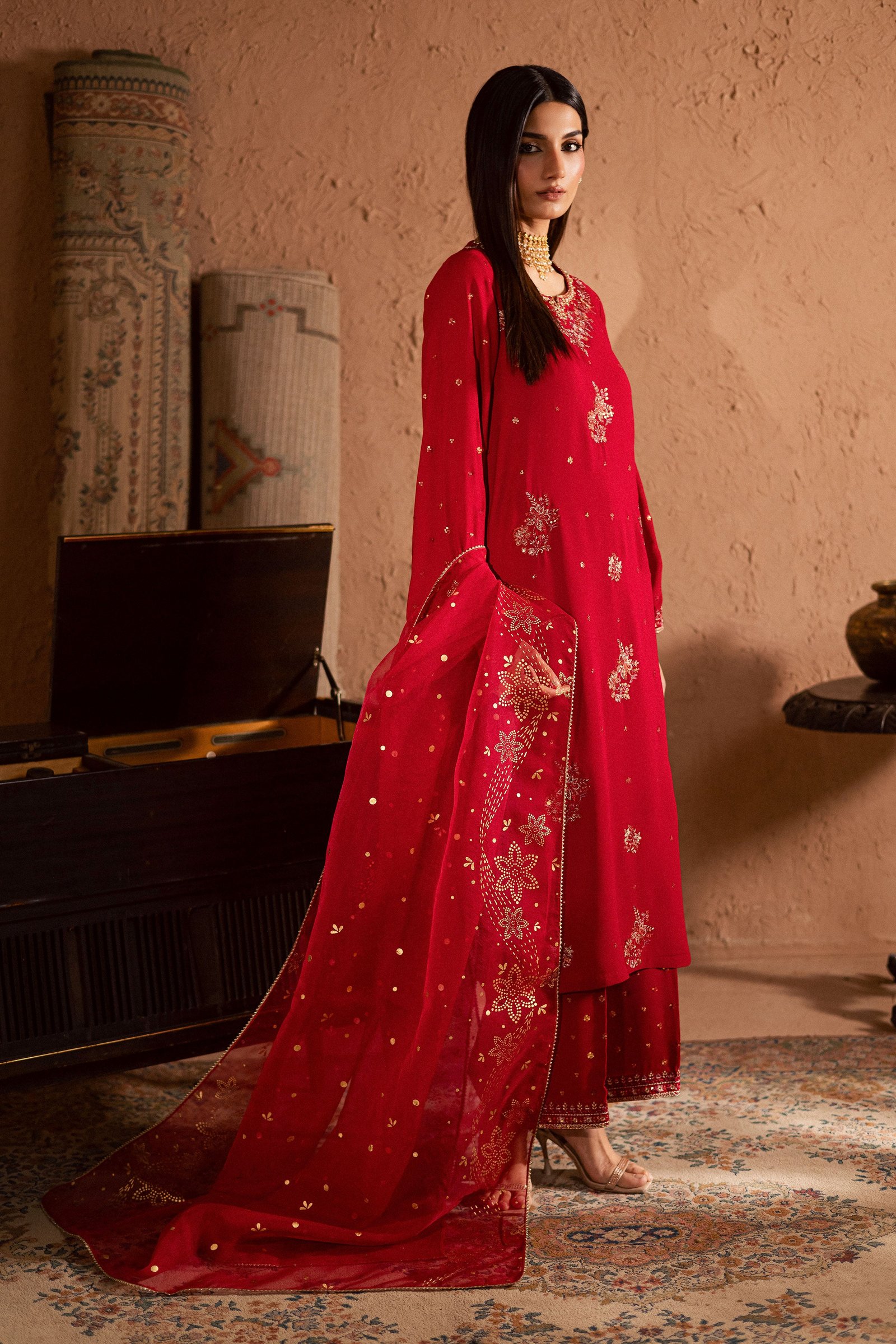 Corly 3Pc- Festive Luxe Pret BATIKSTUDIO2025 BATIK S / Red / Georgette-M / Red / Georgette-L / Red / Georgette