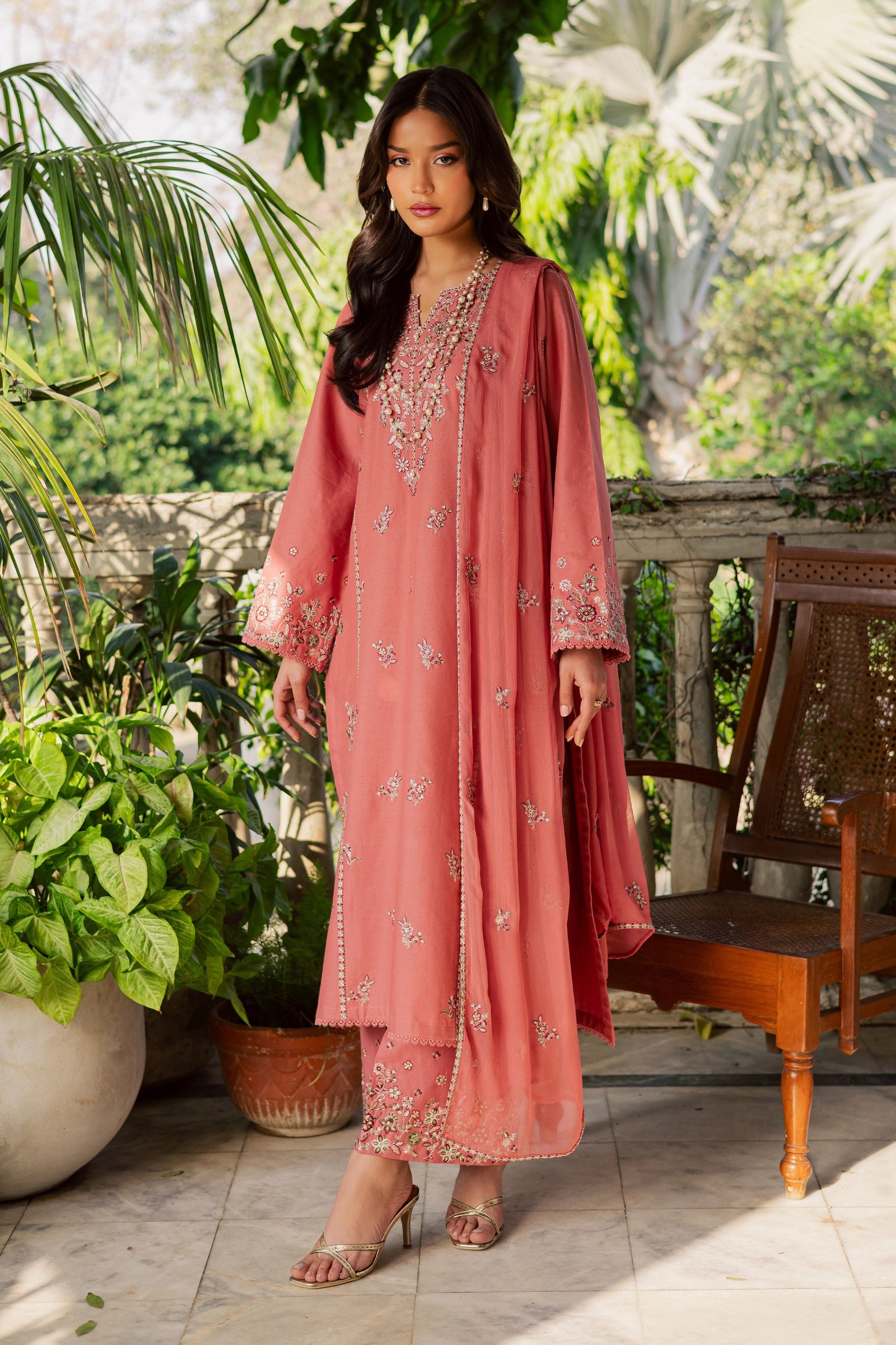 Crust 3Pc - Embroidered Khaddar Dress BATIK WINTER PRET 2025 BATIK XS / Coral / Khaddar-S / Coral / Khaddar-M / Coral / Khaddar-L / Coral / Khaddar-XL / Coral / Khaddar