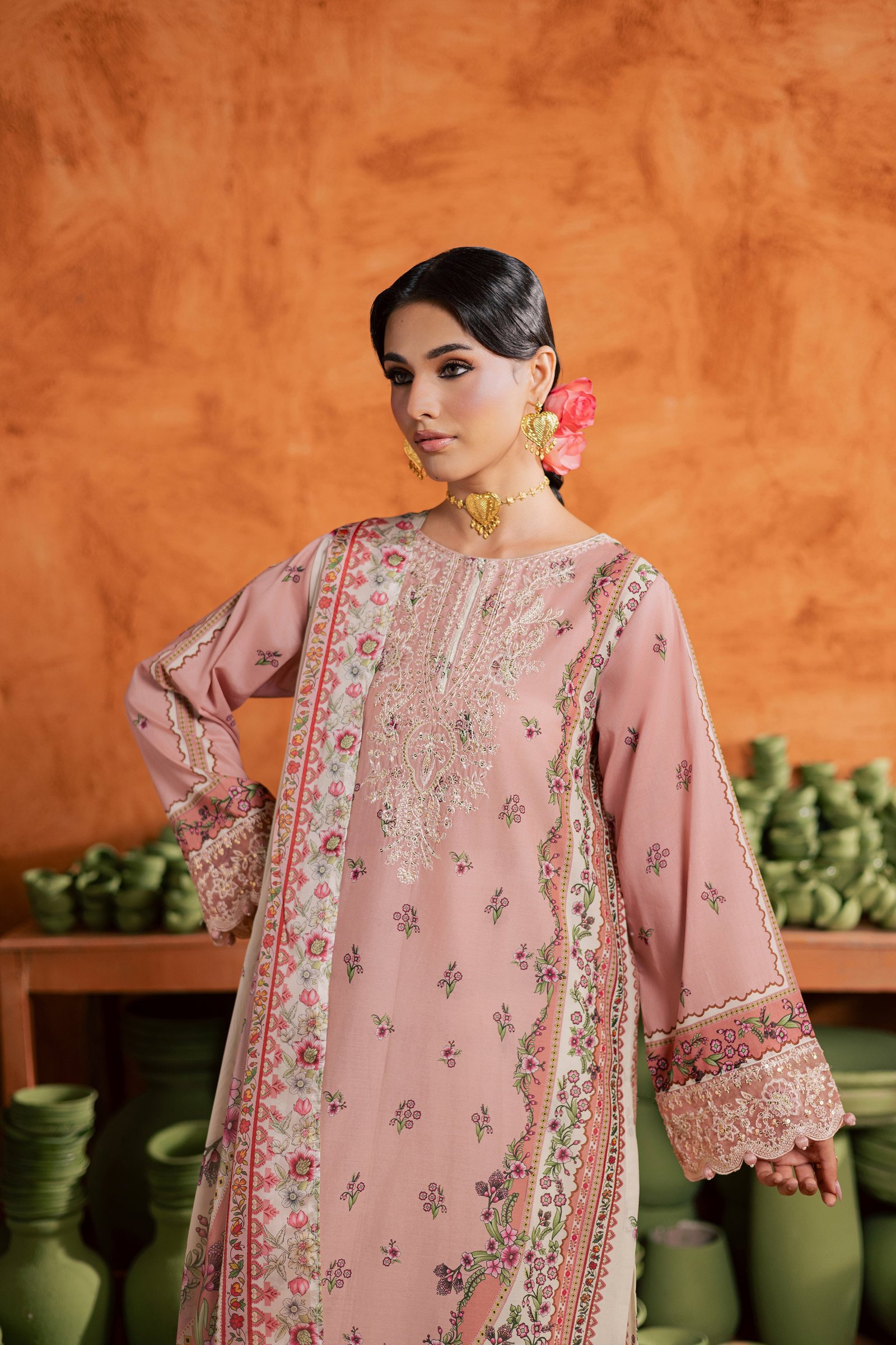 Dusty Peach 3Pc - Printed Lawn Dress BATIKEID2026 BATIK XS / Peach / Lawn-S / Peach / Lawn-M / Peach / Lawn-L / Peach / Lawn-XL / Peach / Lawn