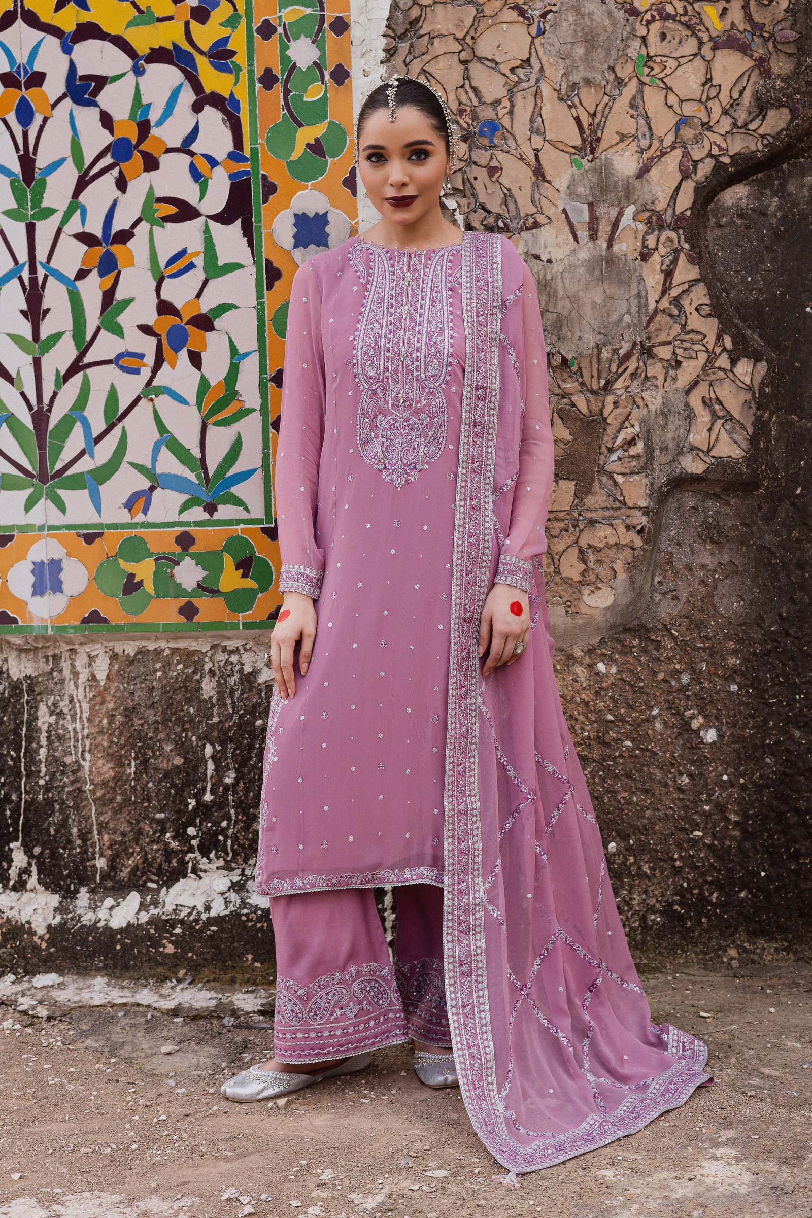  Dusty Salina 3Pc - Festive Luxe Pret BATIKLuxePRET  BATIK   XS / Mauve / Chiffon & Raw Silk-S / Mauve / Chiffon & Raw Silk-M / Mauve / Chiffon & Raw Silk-L / Mauve / Chiffon & Raw Silk-XL / Mauve / Chiffon & Raw Silk