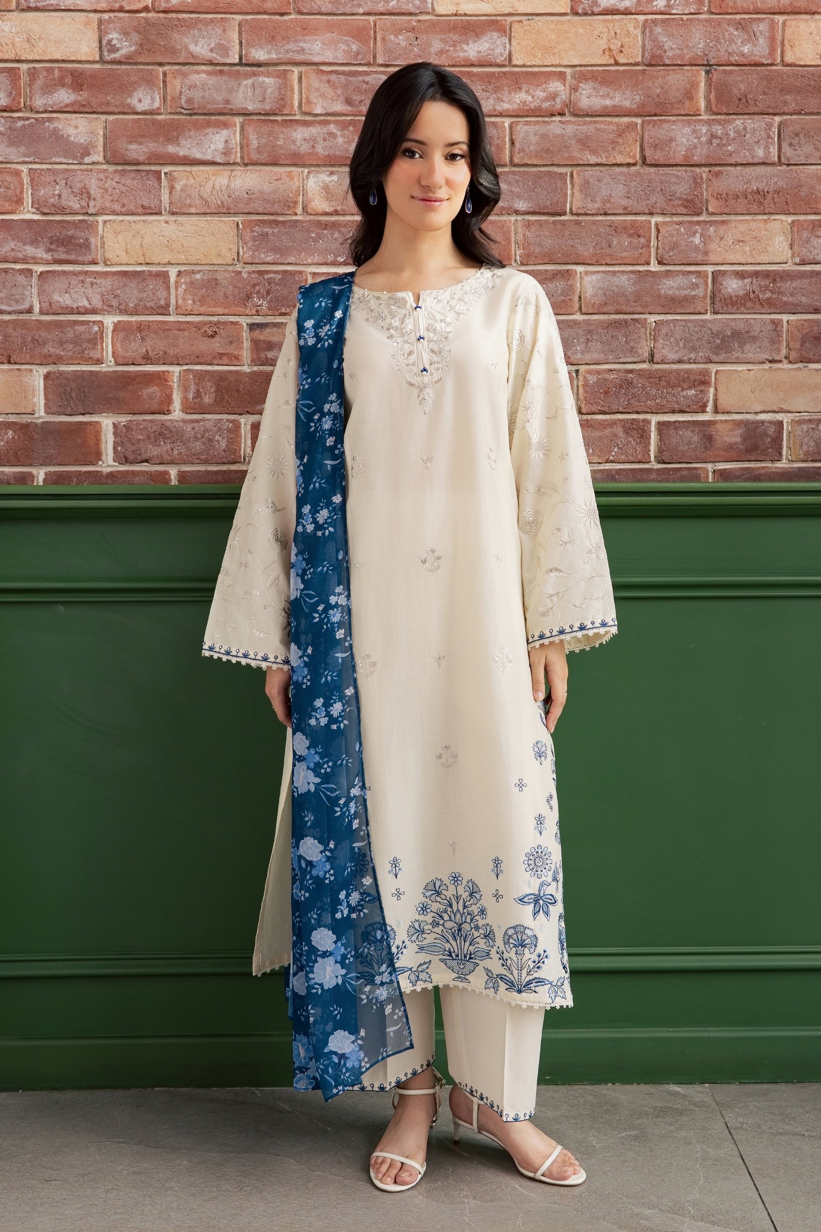 Echo Blue 3Pc - Embroidered Lawn Dress EverydayEdit26 BATIK XS / Off White / Pima Lawn