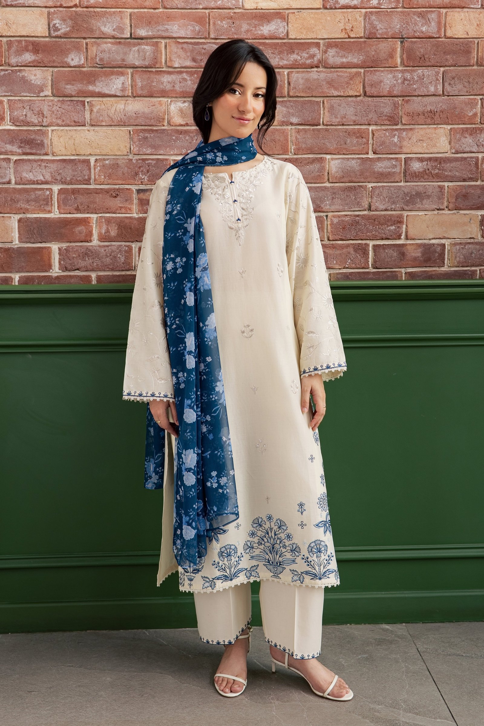 Echo Blue 3Pc - Embroidered Lawn Dress EverydayEdit26 BATIK XS / Off White / Pima Lawn