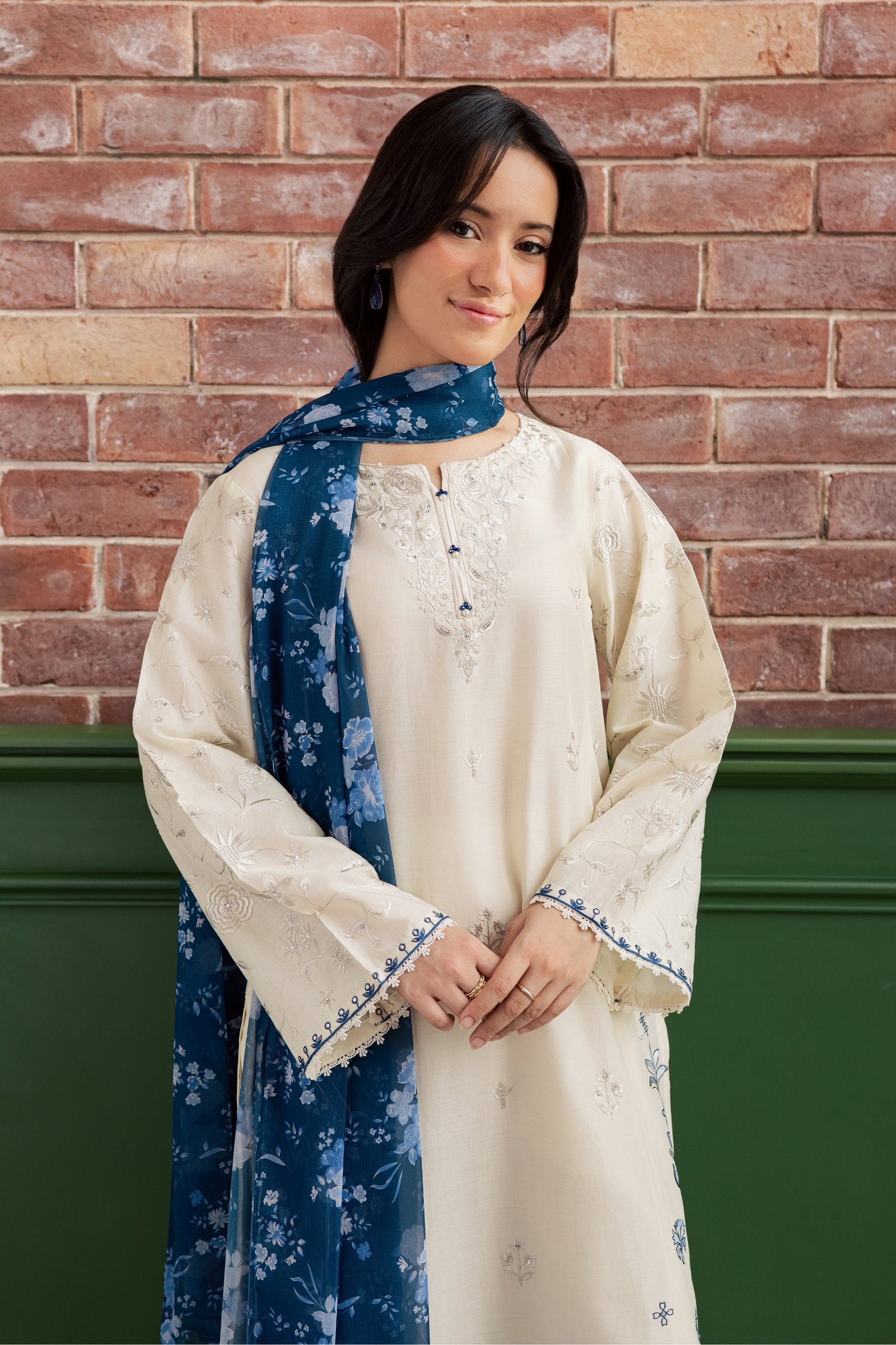 Echo Blue 3Pc - Embroidered Lawn Dress EverydayEdit26 BATIK XS / Off White / Pima Lawn