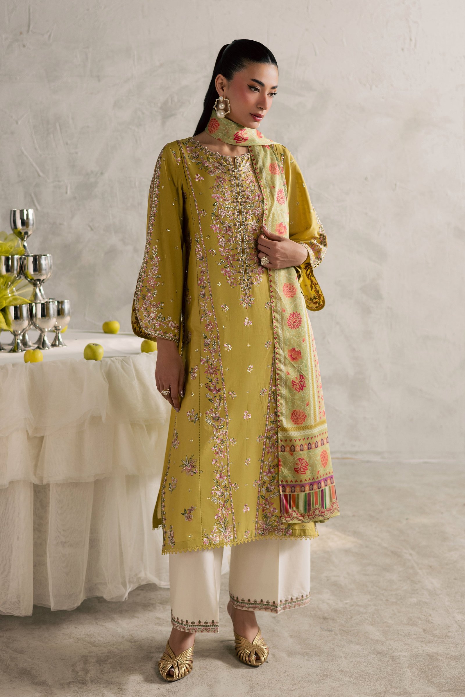 Essence 3Pc - Festive Embroidered Lawn BATIKEID2026 BATIK XS / Lime green / Pima Lawn-S / Lime green / Pima Lawn-M / Lime green / Pima Lawn-L / Lime green / Pima Lawn-XL / Lime green / Pima Lawn