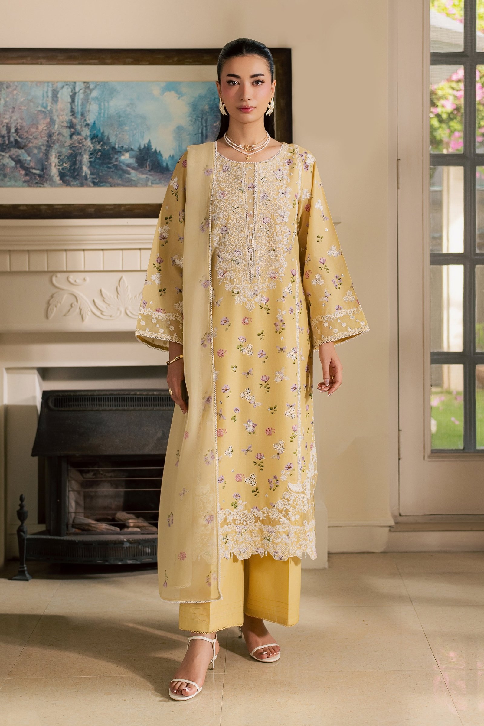 Eyrna 3Pc - Luxury Embroidered Lawn BATIKSS26 BATIK XS / Yellow / Lawn-S / Yellow / Lawn-M / Yellow / Lawn-L / Yellow / Lawn-XL / Yellow / Lawn