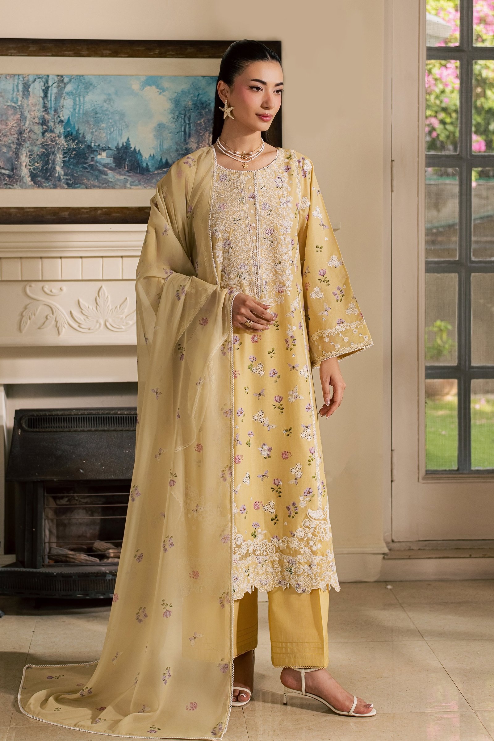 Eyrna 3Pc - Luxury Embroidered Lawn BATIKSS26 BATIK XS / Yellow / Lawn-S / Yellow / Lawn-M / Yellow / Lawn-L / Yellow / Lawn-XL / Yellow / Lawn