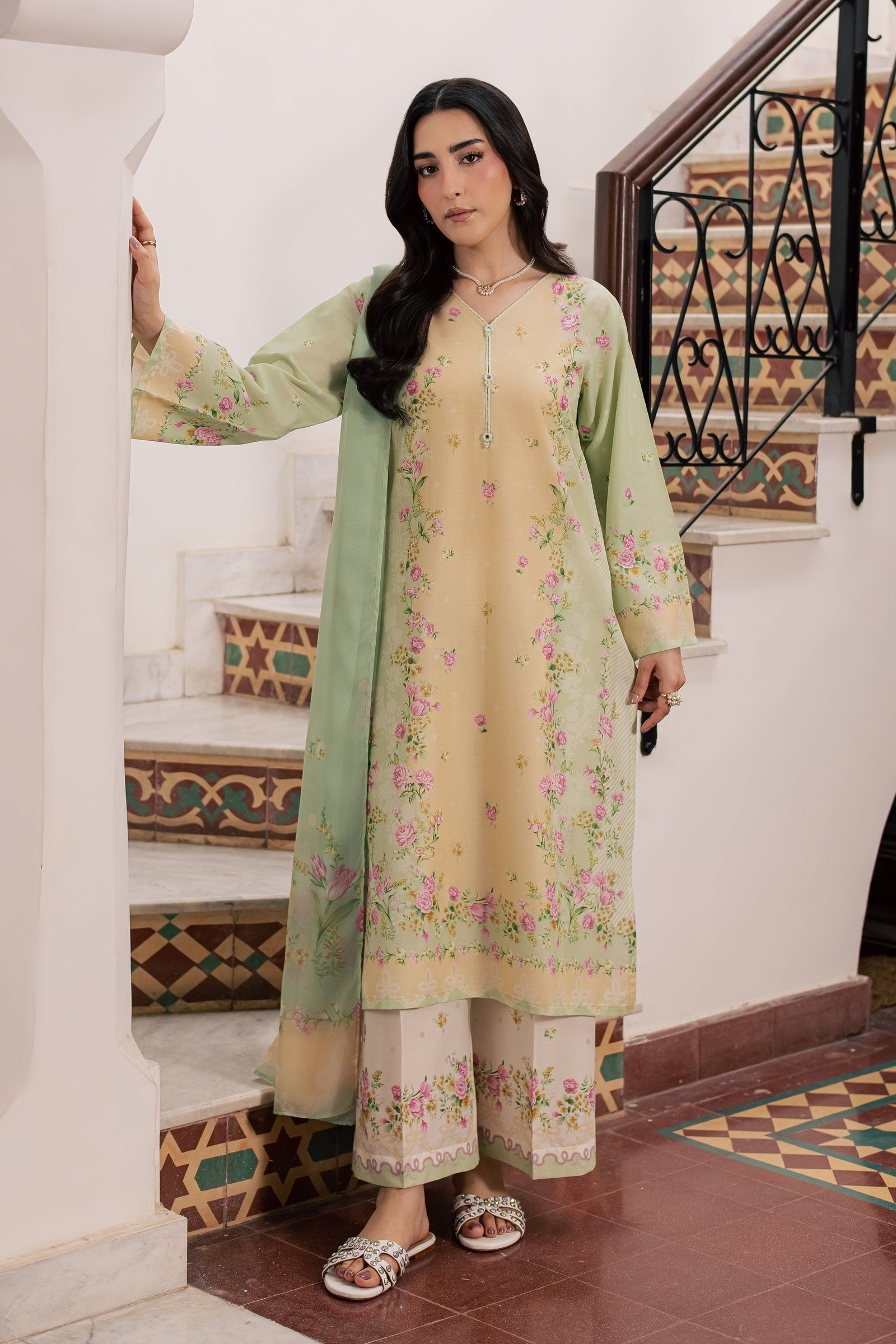 Green Sylvia 3Pc - Printed Lawn Dress BATIKSS26 BATIK XS / Lime Green / Lawn-S / Lime Green / Lawn-M / Lime Green / Lawn-L / Lime Green / Lawn-XL / Lime Green / Lawn