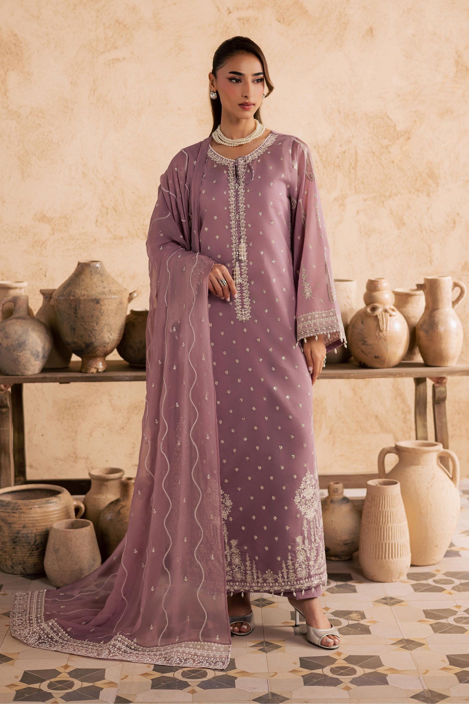 Gul e Rana 3Pc - Embroidered Festive Pret BATIKSS26 BATIK XS / Lilac / Paper Silk-S / Lilac / Paper Silk-M / Lilac / Paper Silk-L / Lilac / Paper Silk-XL / Lilac / Paper Silk
