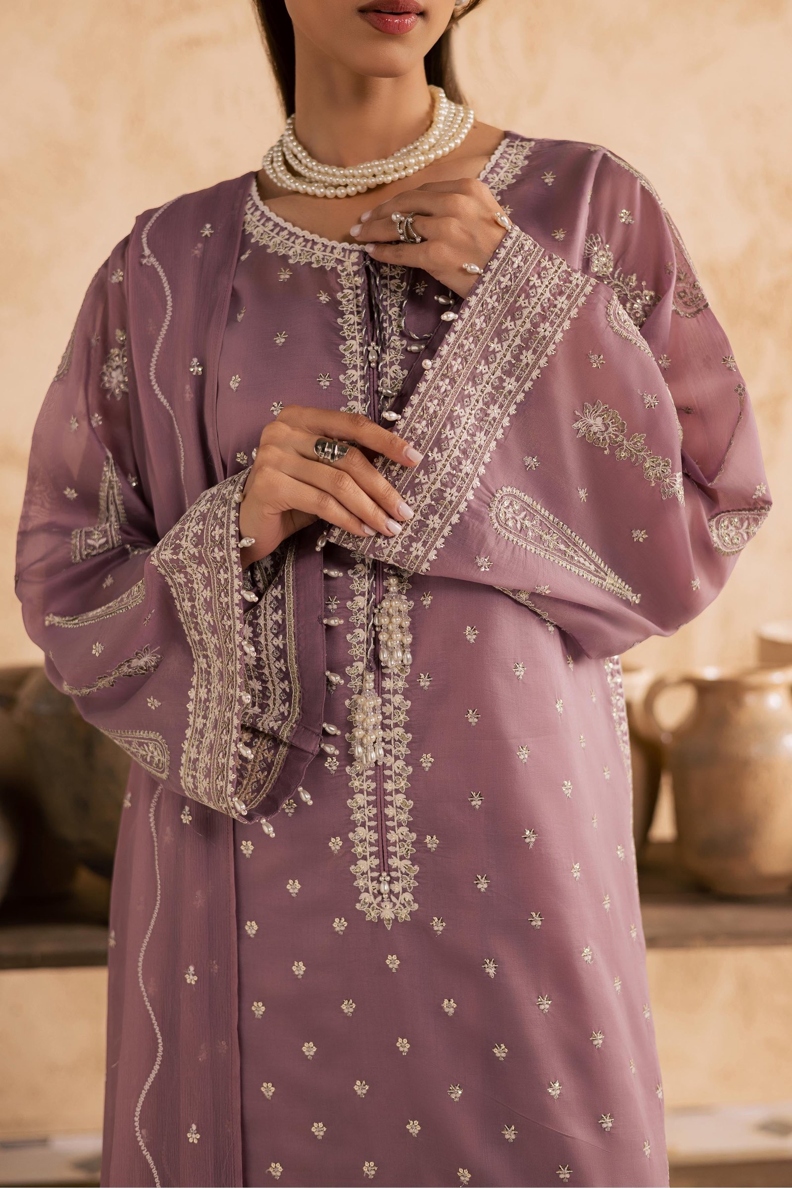 Gul e Rana 3Pc - Embroidered Festive Pret BATIKSS26 BATIK XS / Lilac / Paper Silk-S / Lilac / Paper Silk-M / Lilac / Paper Silk-L / Lilac / Paper Silk-XL / Lilac / Paper Silk