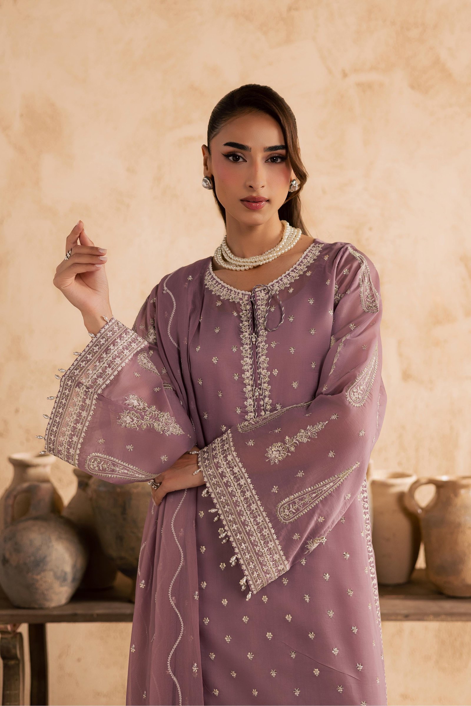 Gul e Rana 3Pc - Embroidered Festive Pret BATIKSS26 BATIK XS / Lilac / Paper Silk-S / Lilac / Paper Silk-M / Lilac / Paper Silk-L / Lilac / Paper Silk-XL / Lilac / Paper Silk