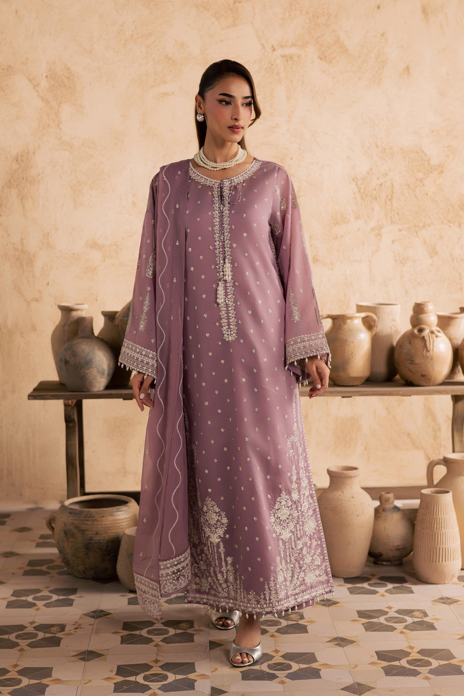 Gul e Rana 3Pc - Embroidered Festive Pret BATIKSS26 BATIK XS / Lilac / Paper Silk-S / Lilac / Paper Silk-M / Lilac / Paper Silk-L / Lilac / Paper Silk-XL / Lilac / Paper Silk