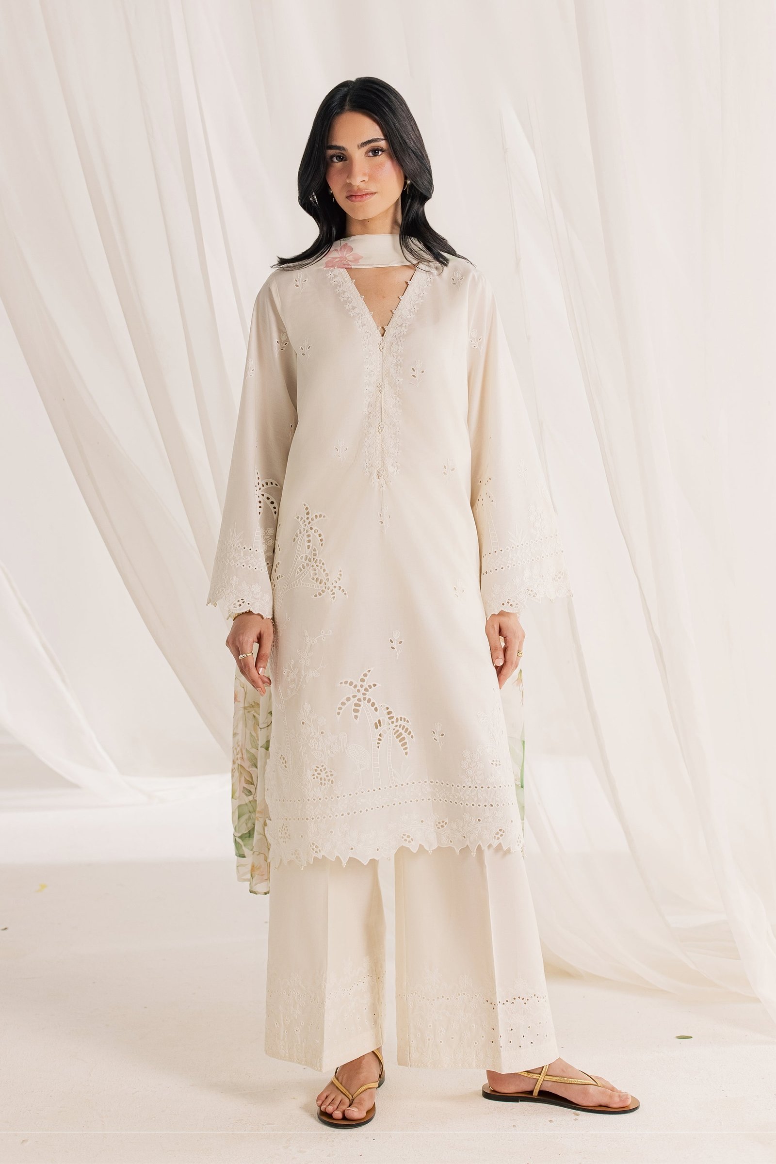 Izel Swan 3Pc - Embroidered Lawn Dress EverydayEdit26 BATIK XS / White Swan / Pima Lawn-S / White Swan / Pima Lawn-M / White Swan / Pima Lawn-L / White Swan / Pima Lawn-XL / White Swan / Pima Lawn