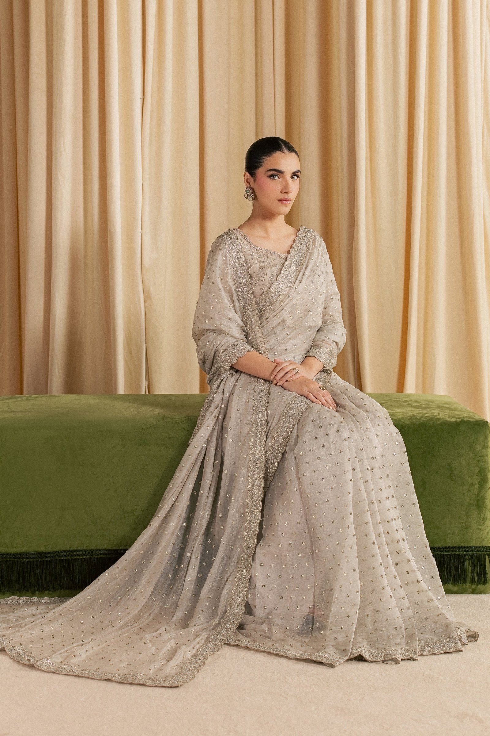 Khuwab Sarree 3Pc - Festive Luxe Pret STUDIOLUXEAUG26 BATIK S / Ivory Gold / Tissue Silk