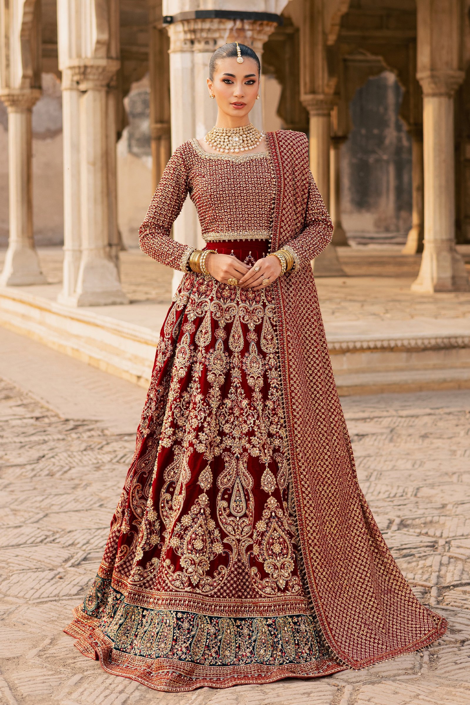 Laaj 3Pc - Bridal Dress BATIKSTUDIO2025 BATIK S / Maroon / Velvet-M / Maroon / Velvet-L / Maroon / Velvet