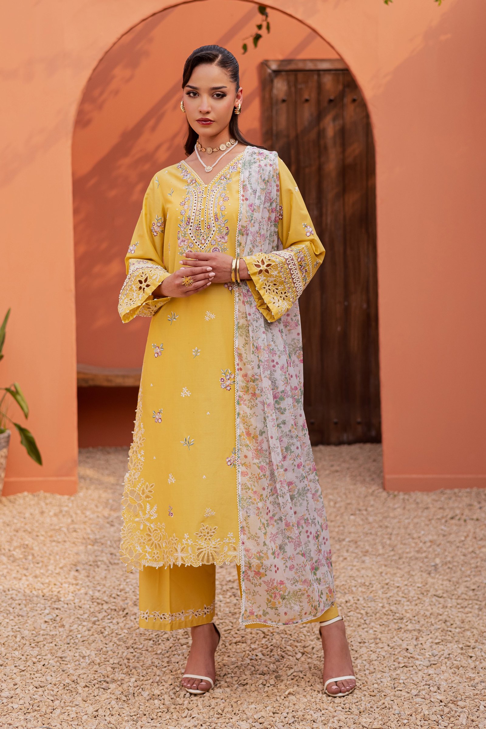 Lime Darla 3Pc - Festive Embroidered Lawn BATIKEID2026 BATIK XS / Lemon Yellow / Pima Lawn-S / Lemon Yellow / Pima Lawn-M / Lemon Yellow / Pima Lawn-L / Lemon Yellow / Pima Lawn-XL / Lemon Yellow / Pima Lawn