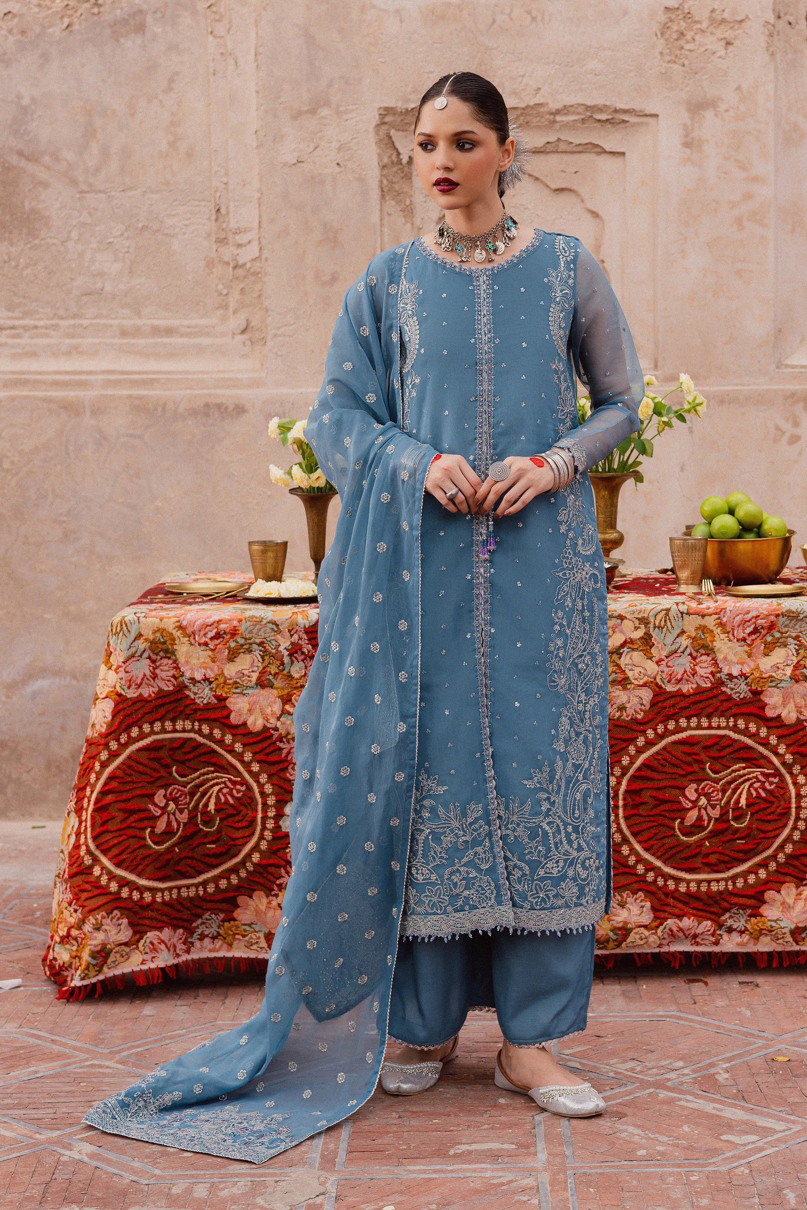  Liyana Lapis 3Pc - Festive Luxe Pret BATIKLuxePRET  BATIK   XS / Stone Blue / Organza & Raw Silk-S / Stone Blue / Organza & Raw Silk-M / Stone Blue / Organza & Raw Silk-L / Stone Blue / Organza & Raw Silk-XL / Stone Blue / Organza & Raw Silk