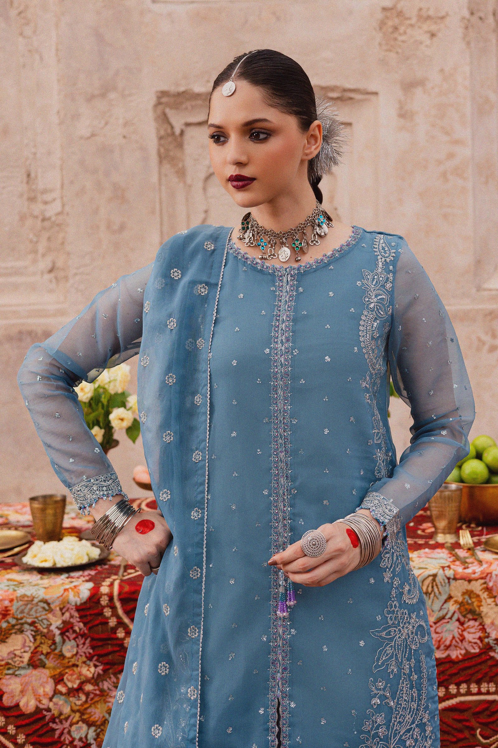  Liyana Lapis 3Pc - Festive Luxe Pret BATIKLuxePRET  BATIK   XS / Stone Blue / Organza & Raw Silk-S / Stone Blue / Organza & Raw Silk-M / Stone Blue / Organza & Raw Silk-L / Stone Blue / Organza & Raw Silk-XL / Stone Blue / Organza & Raw Silk