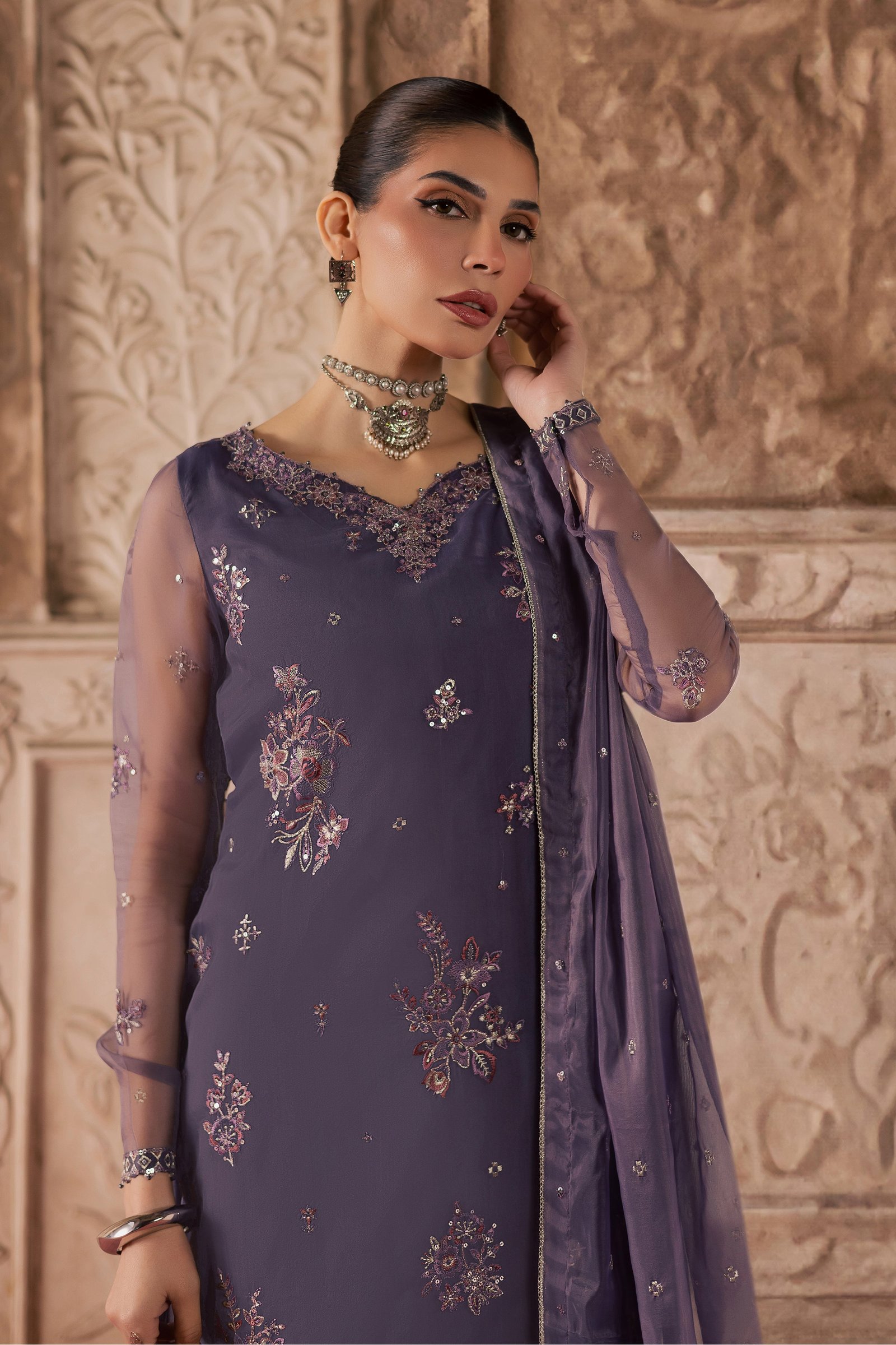 Meesha 3Pc - Festive Luxe Pret BATIKLuxePRET BATIK XS / Dusty Purple / Organza-S / Dusty Purple / Organza-M / Dusty Purple / Organza-L / Dusty Purple / Organza-XL / Dusty Purple / Organza