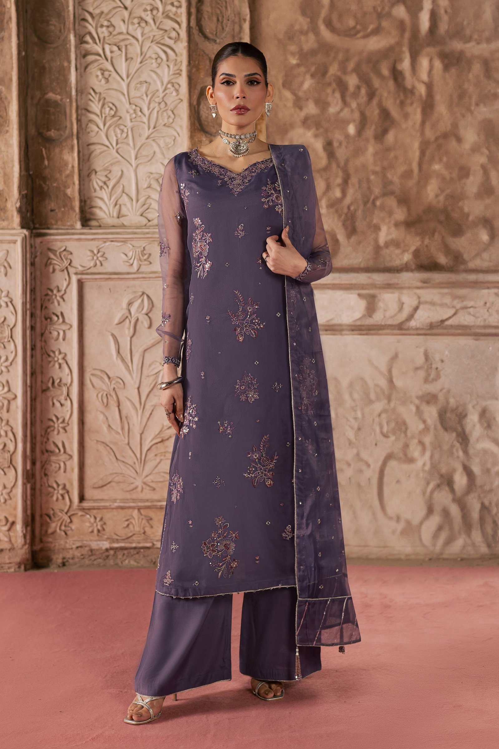 Meesha 3Pc - Festive Luxe Pret BATIKLuxePRET BATIK XS / Dusty Purple / Organza-S / Dusty Purple / Organza-M / Dusty Purple / Organza-L / Dusty Purple / Organza-XL / Dusty Purple / Organza