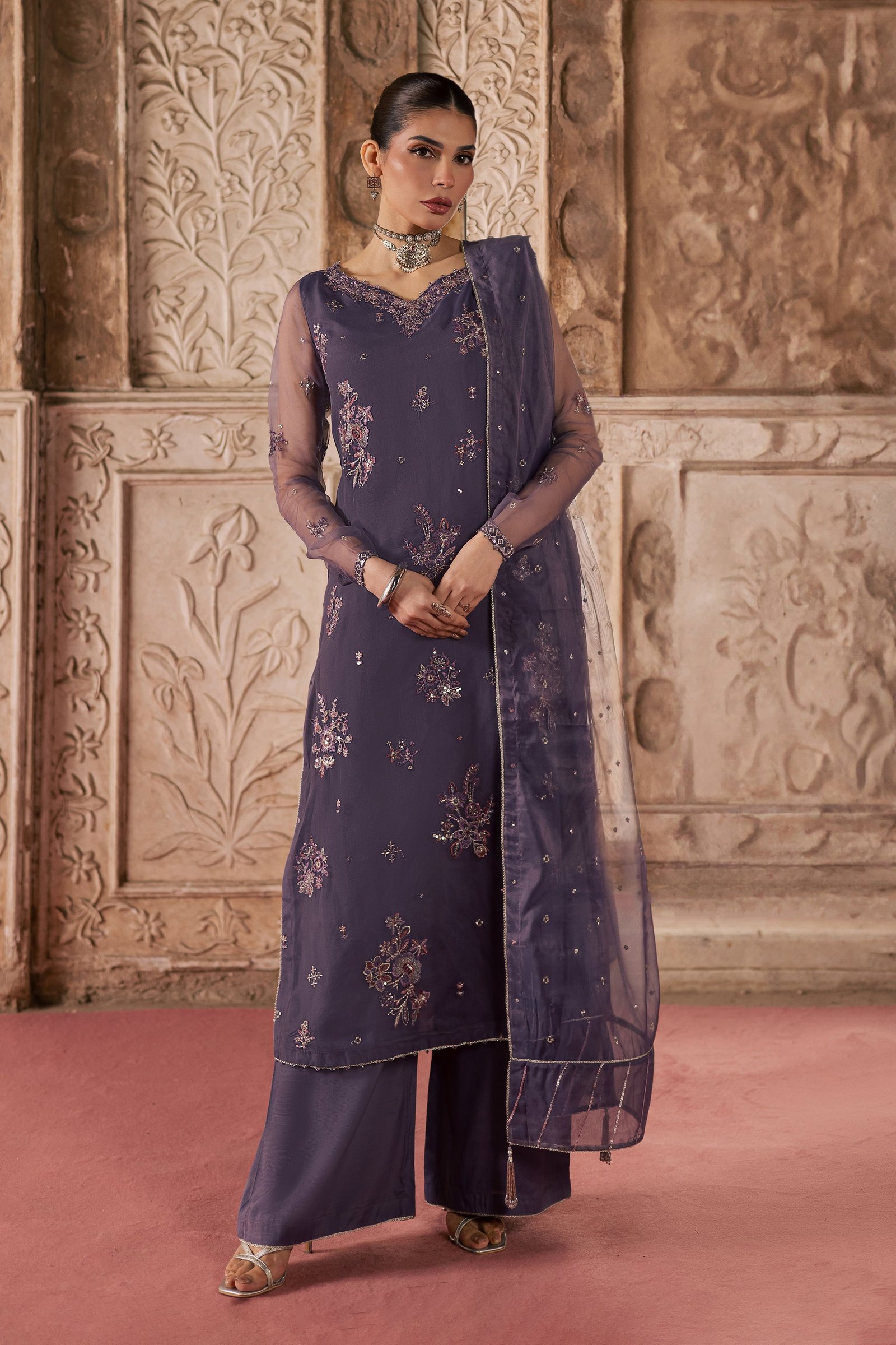 Meesha 3Pc - Festive Luxe Pret BATIKLuxePRET BATIK XS / Dusty Purple / Organza-S / Dusty Purple / Organza-M / Dusty Purple / Organza-L / Dusty Purple / Organza-XL / Dusty Purple / Organza