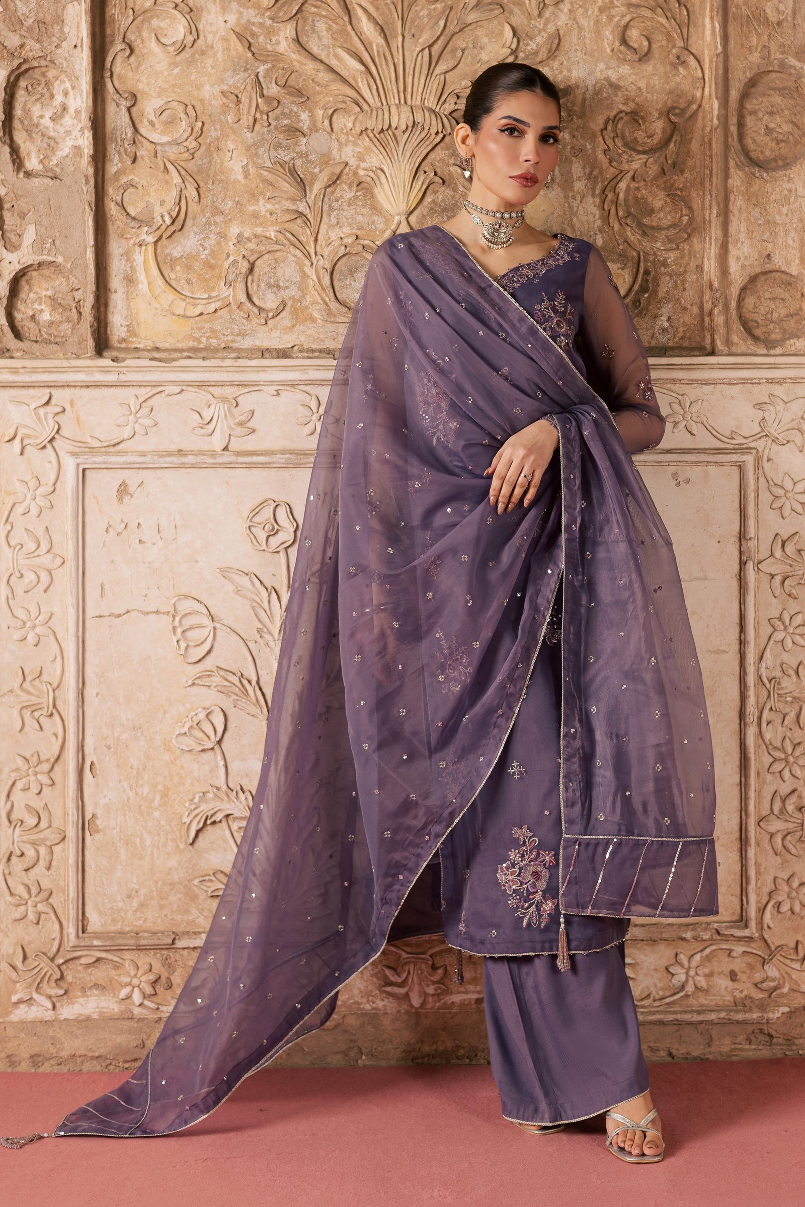 Meesha 3Pc - Festive Luxe Pret BATIKLuxePRET BATIK XS / Dusty Purple / Organza-S / Dusty Purple / Organza-M / Dusty Purple / Organza-L / Dusty Purple / Organza-XL / Dusty Purple / Organza