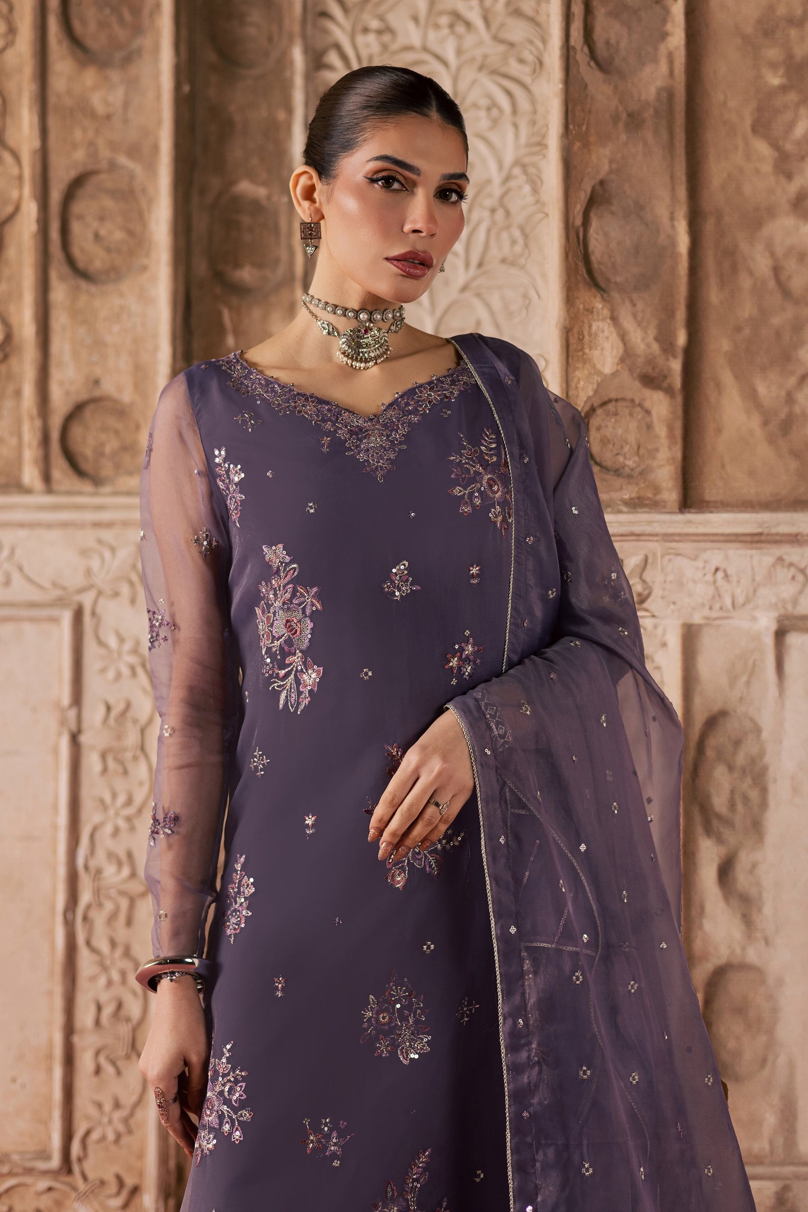 Meesha 3Pc - Festive Luxe Pret BATIKLuxePRET BATIK XS / Dusty Purple / Organza-S / Dusty Purple / Organza-M / Dusty Purple / Organza-L / Dusty Purple / Organza-XL / Dusty Purple / Organza