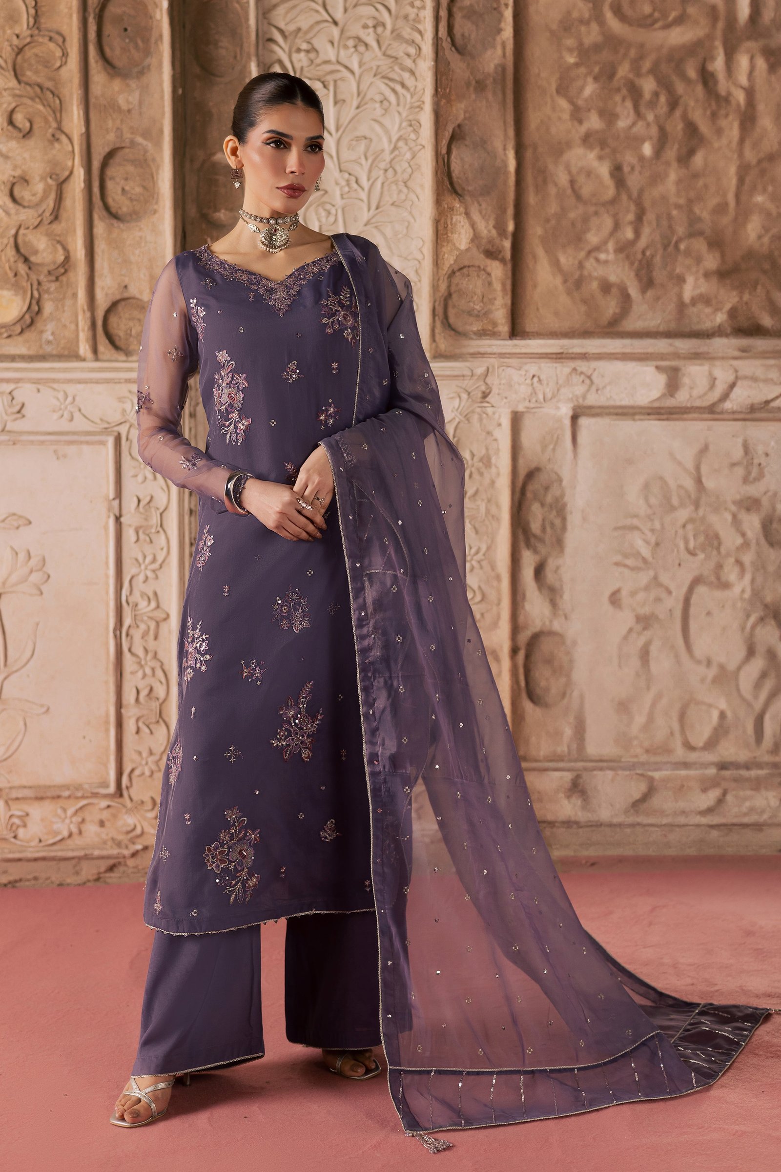 Meesha 3Pc - Festive Luxe Pret BATIKLuxePRET BATIK XS / Dusty Purple / Organza-S / Dusty Purple / Organza-M / Dusty Purple / Organza-L / Dusty Purple / Organza-XL / Dusty Purple / Organza