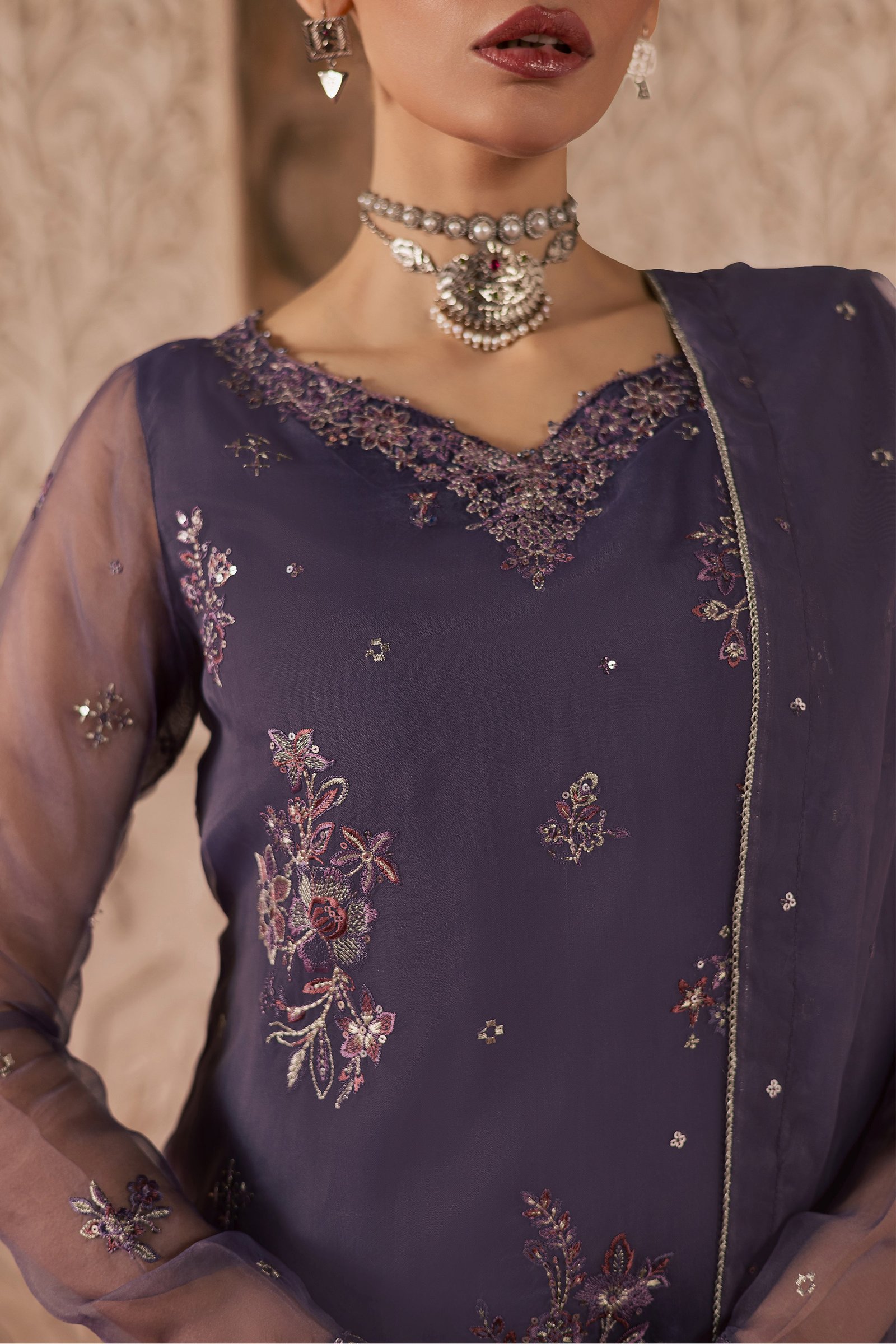 Meesha 3Pc - Festive Luxe Pret BATIKLuxePRET BATIK XS / Dusty Purple / Organza-S / Dusty Purple / Organza-M / Dusty Purple / Organza-L / Dusty Purple / Organza-XL / Dusty Purple / Organza