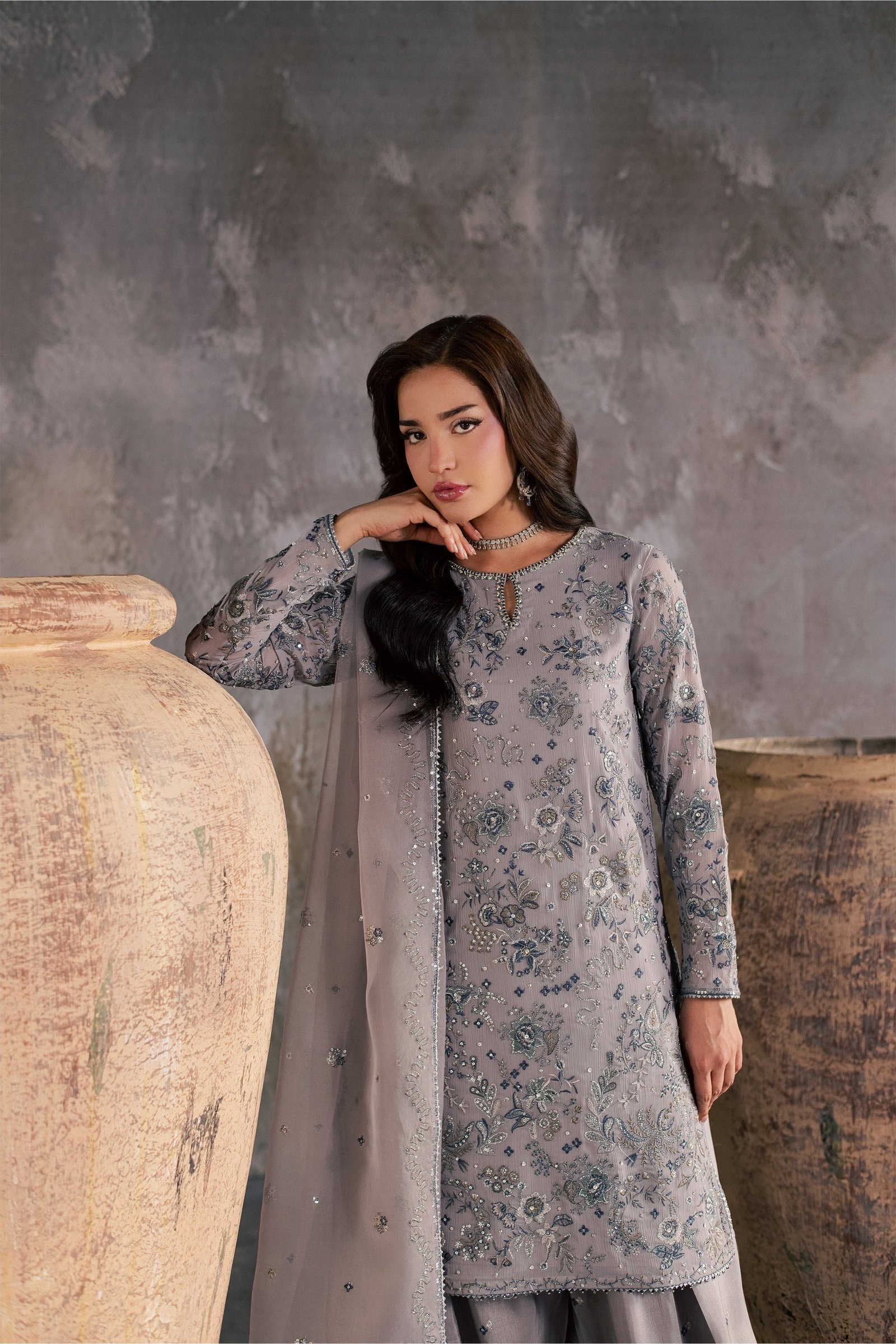  Mehria 3Pc - Festive Luxe Pret BATIKSTUDIO2026  BATIK   S / Grey / Crinkle-M / Grey / Crinkle-L / Grey / Crinkle