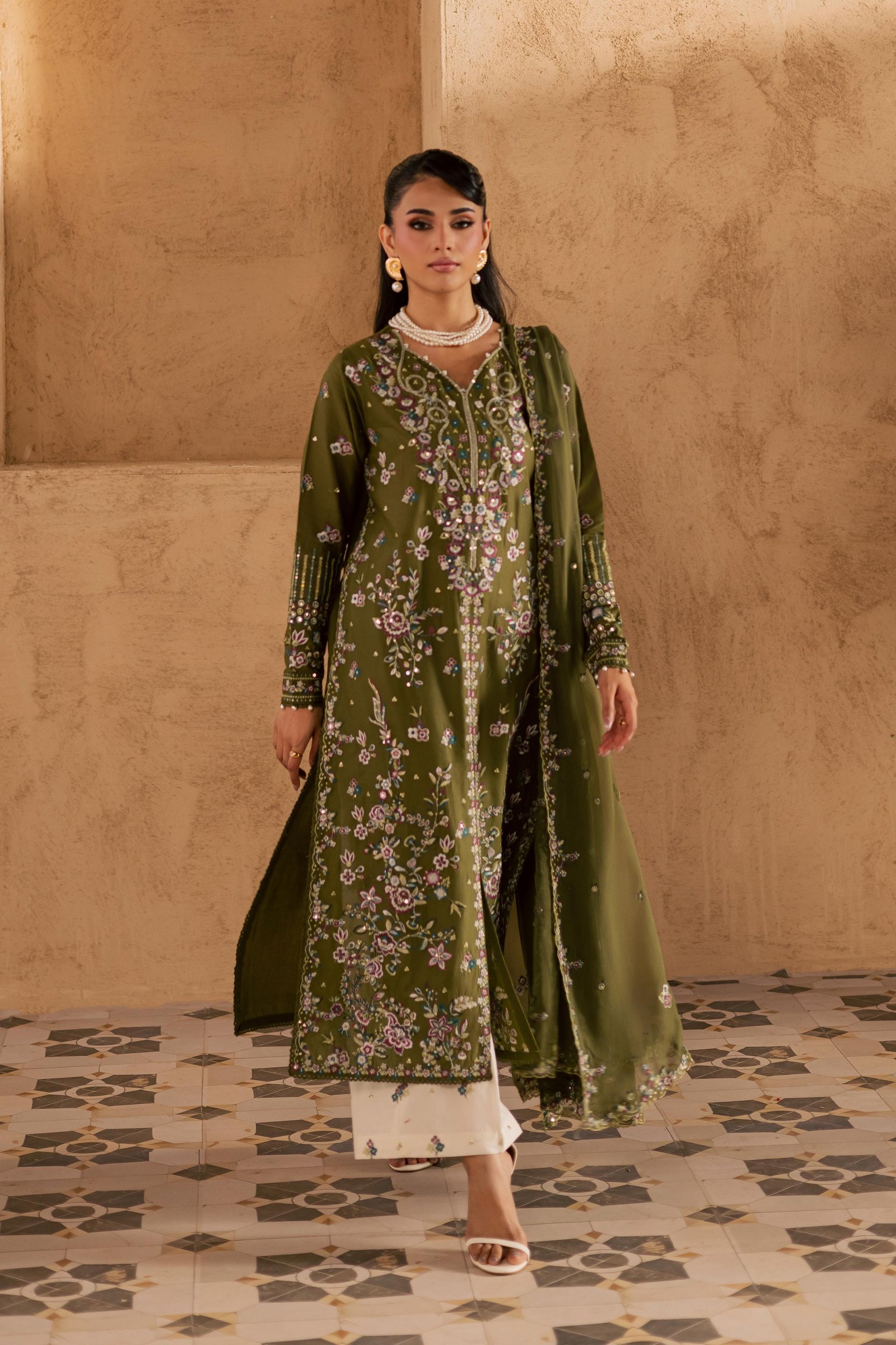Meshal 3Pc - Embroidered Festive Pret BATIKSS26 BATIK XS / Army Green / Pima-S / Army Green / Pima-M / Army Green / Pima-L / Army Green / Pima-XL / Army Green / Pima