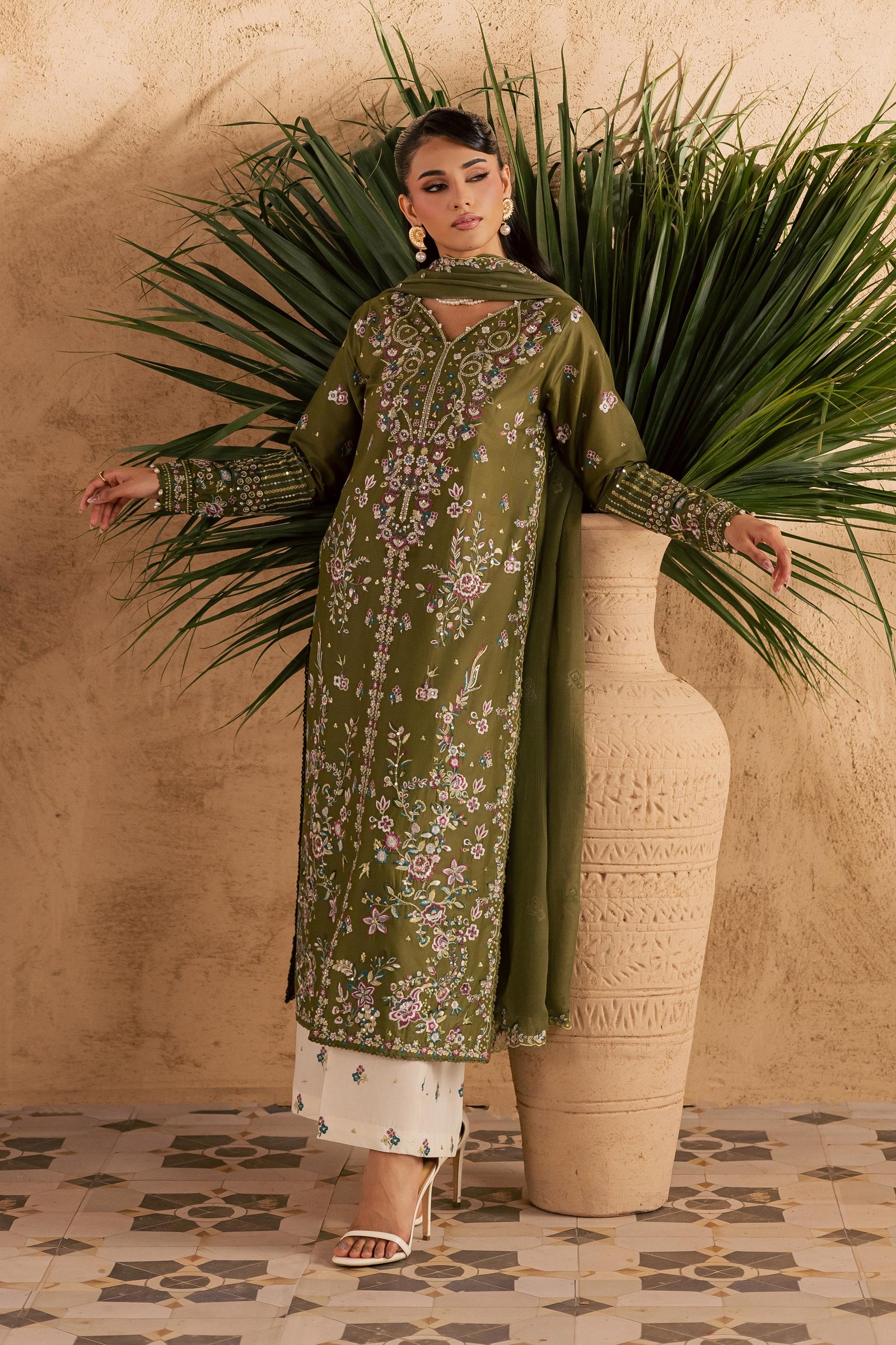 Meshal 3Pc - Embroidered Festive Pret BATIKSS26 BATIK XS / Army Green / Pima-S / Army Green / Pima-M / Army Green / Pima-L / Army Green / Pima-XL / Army Green / Pima