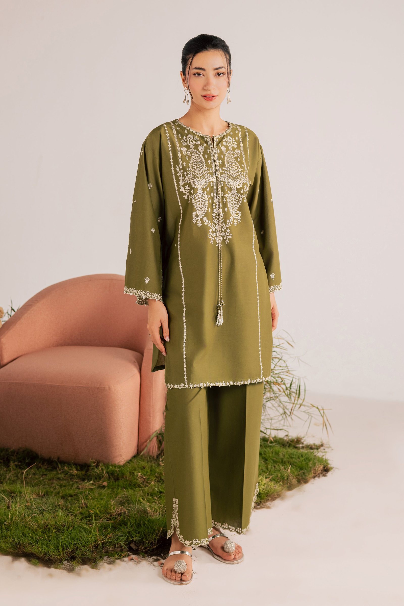 Mina Green 2Pc - Embroidered Lawn Dress EverydayEdit26 BATIK XS / Army Green / Pima Lawn-S / Army Green / Pima Lawn-M / Army Green / Pima Lawn-L / Army Green / Pima Lawn-XL / Army Green / Pima Lawn