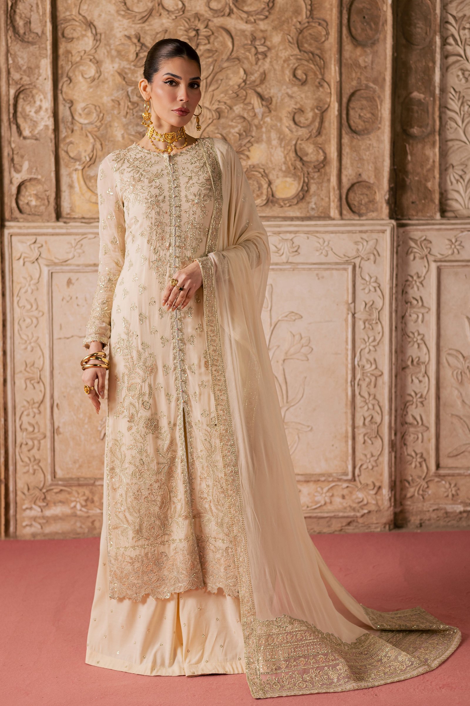 Mooti 3Pc - Festive Luxe Pret BATIKLuxePRET BATIK XS / Ivory / Chiffon-S / Ivory / Chiffon-M / Ivory / Chiffon-L / Ivory / Chiffon-XL / Ivory / Chiffon