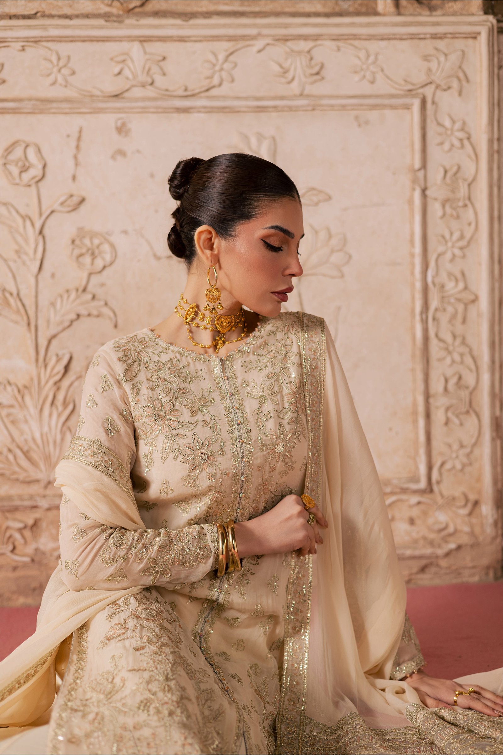 Mooti 3Pc - Festive Luxe Pret BATIKLuxePRET BATIK XS / Ivory / Chiffon-S / Ivory / Chiffon-M / Ivory / Chiffon-L / Ivory / Chiffon-XL / Ivory / Chiffon