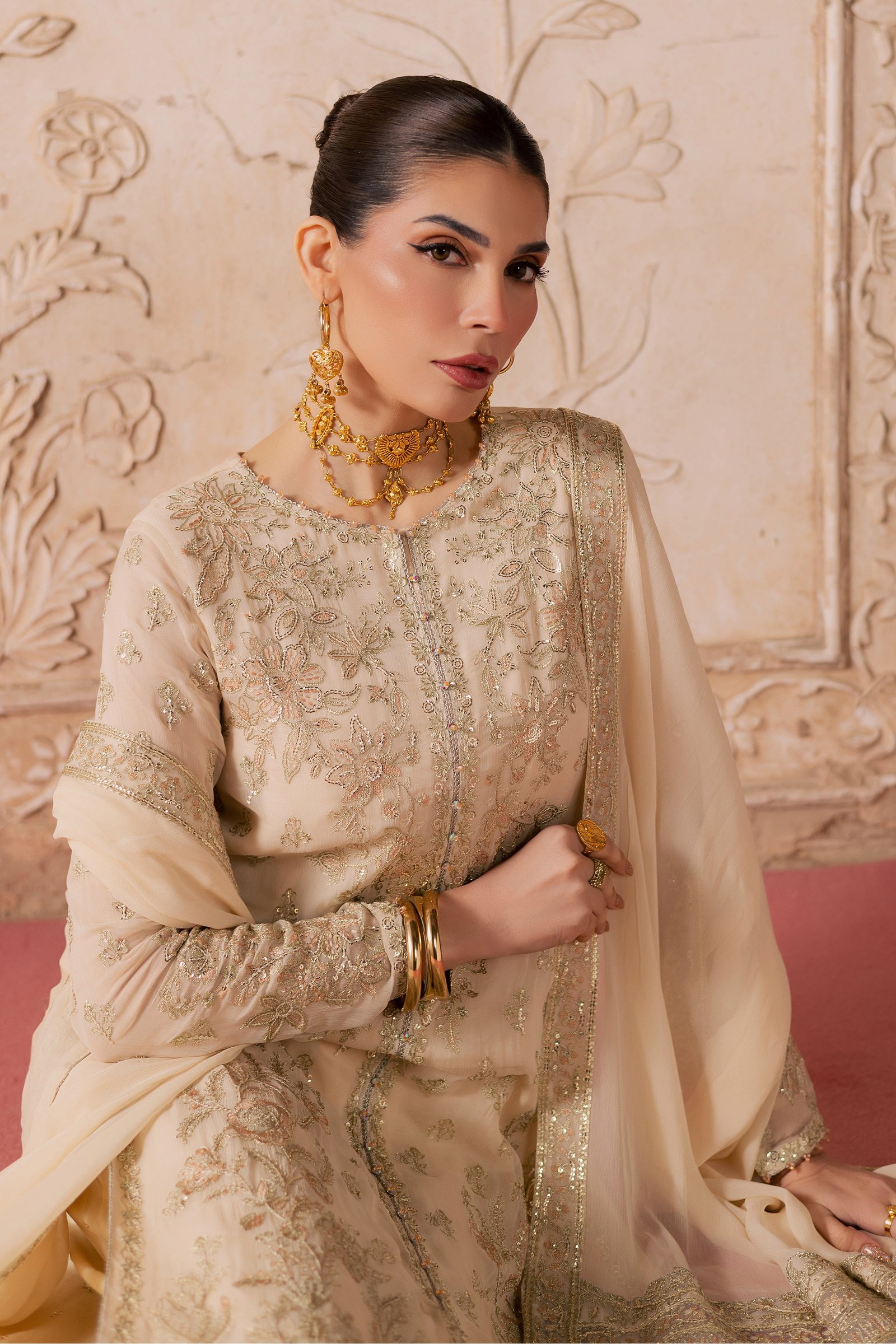 Mooti 3Pc - Festive Luxe Pret BATIKLuxePRET BATIK XS / Ivory / Chiffon-S / Ivory / Chiffon-M / Ivory / Chiffon-L / Ivory / Chiffon-XL / Ivory / Chiffon