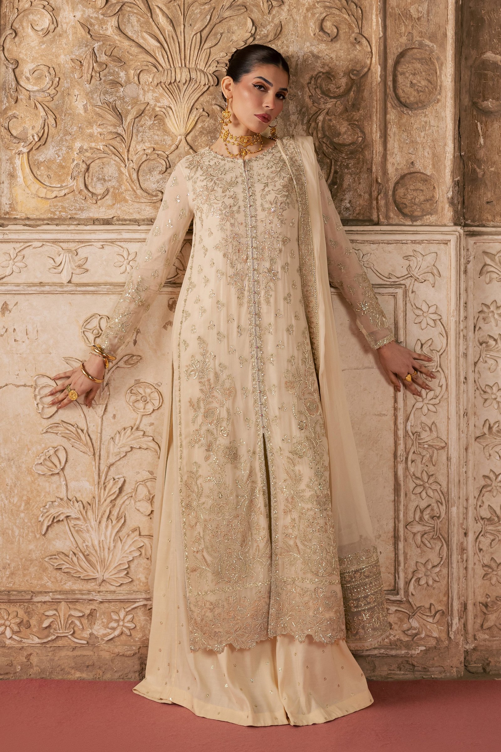 Mooti 3Pc - Festive Luxe Pret BATIKLuxePRET BATIK XS / Ivory / Chiffon-S / Ivory / Chiffon-M / Ivory / Chiffon-L / Ivory / Chiffon-XL / Ivory / Chiffon