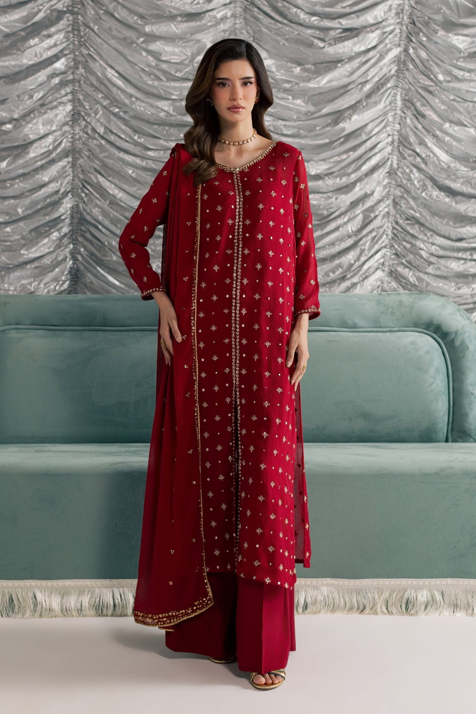 Nehan 3Pc - Festive Luxe Pret STUDIOLUXEAUG26 BATIK S / Red / Crinkle
