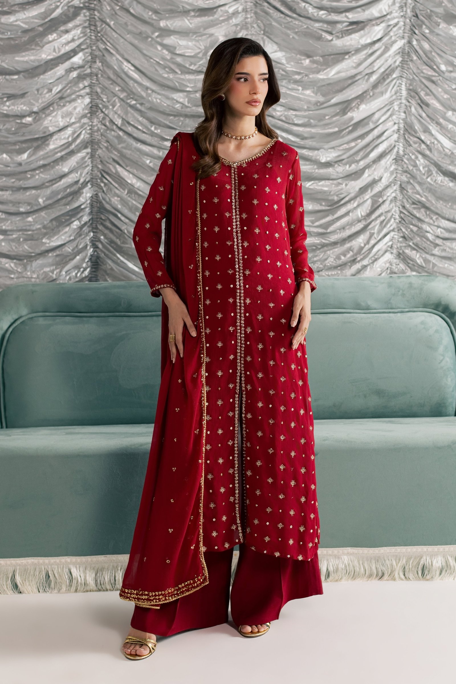 Nehan 3Pc - Festive Luxe Pret STUDIOLUXEAUG26 BATIK S / Red / Crinkle