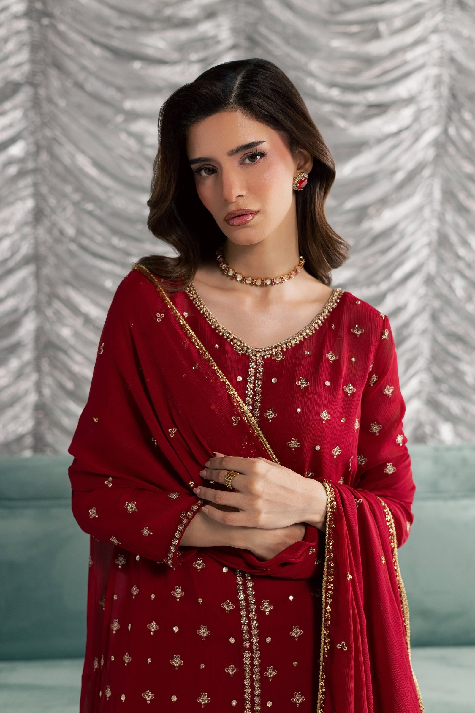 Nehan 3Pc - Festive Luxe Pret STUDIOLUXEAUG26 BATIK S / Red / Crinkle