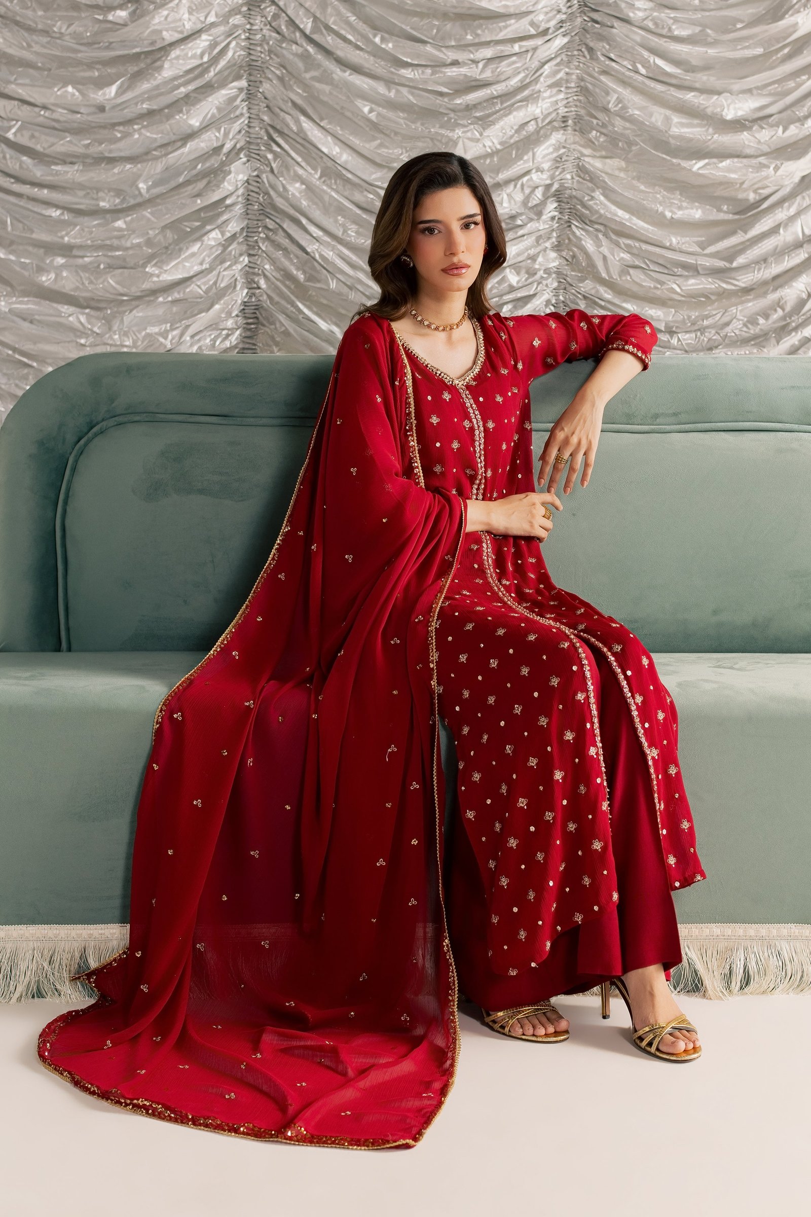 Nehan 3Pc - Festive Luxe Pret STUDIOLUXEAUG26  BATIK   S / Red / Crinkle