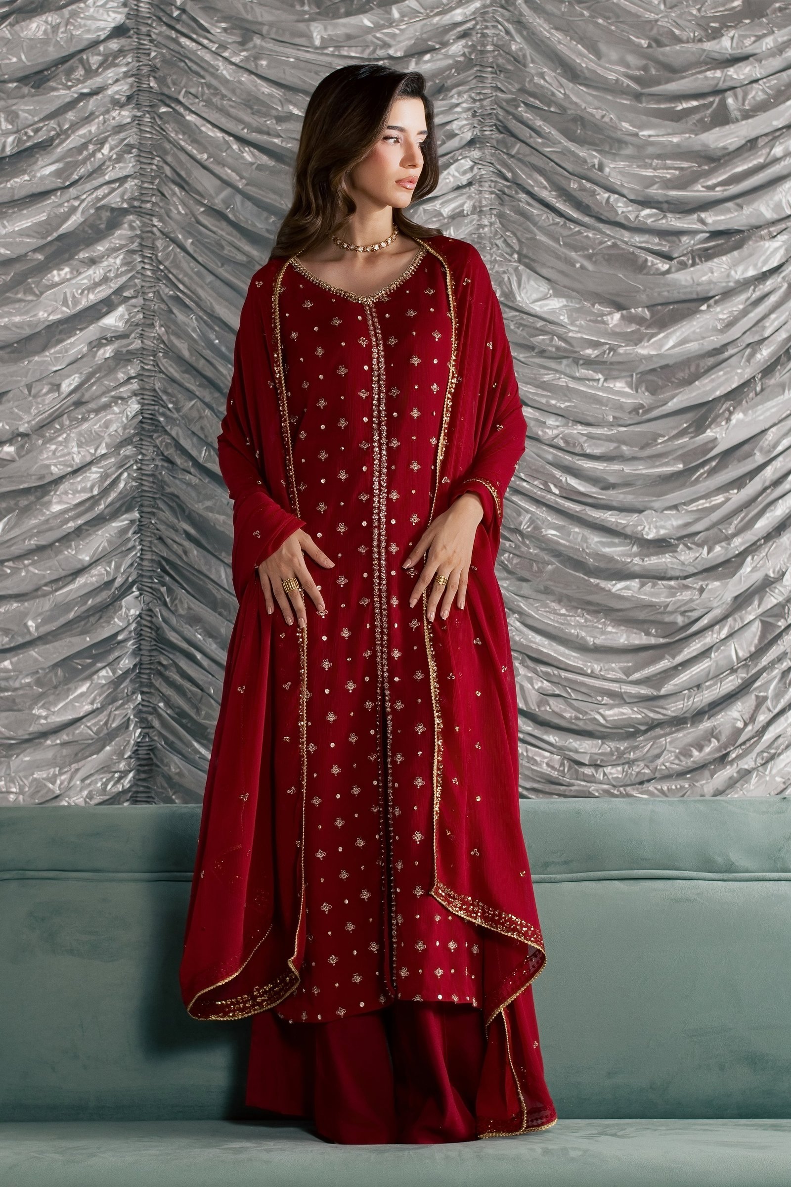 Nehan 3Pc - Festive Luxe Pret STUDIOLUXEAUG26 BATIK S / Red / Crinkle