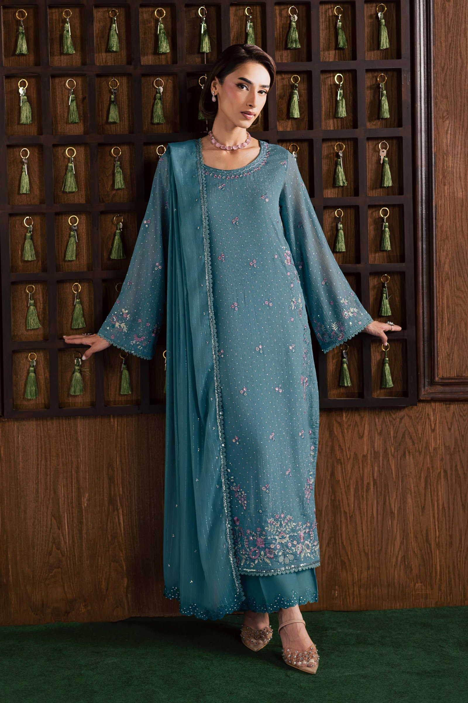 Noore 3Pc - Festive Luxury Formal BATIKSS26 BATIK S / Aqua / Zari Crinkle-M / Aqua / Zari Crinkle-L / Aqua / Zari Crinkle