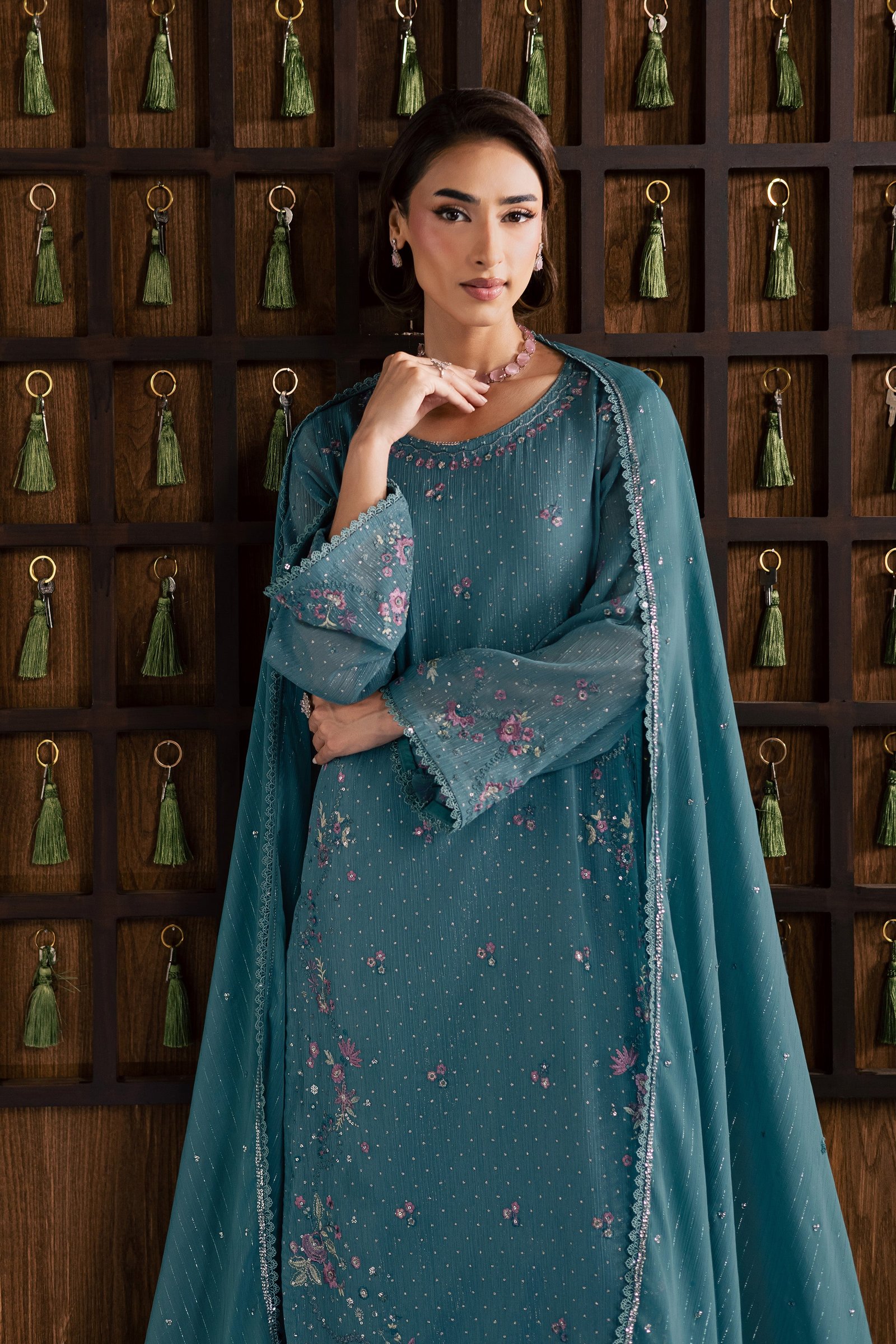 Noore 3Pc - Festive Luxury Formal BATIKSS26 BATIK S / Aqua / Zari Crinkle-M / Aqua / Zari Crinkle-L / Aqua / Zari Crinkle
