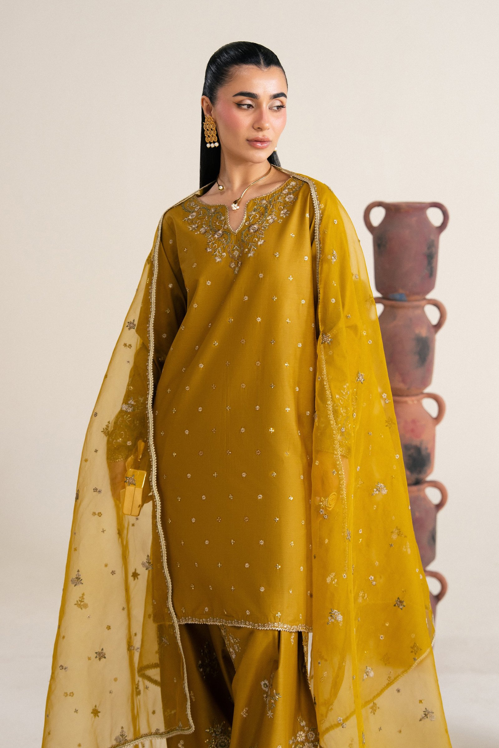 Nuraisa 3Pc - Festive Eid Pret BATIKSS26 BATIK XS / Mehndi / Giza-S / Mehndi / Giza-M / Mehndi / Giza-L / Mehndi / Giza-XL / Mehndi / Giza